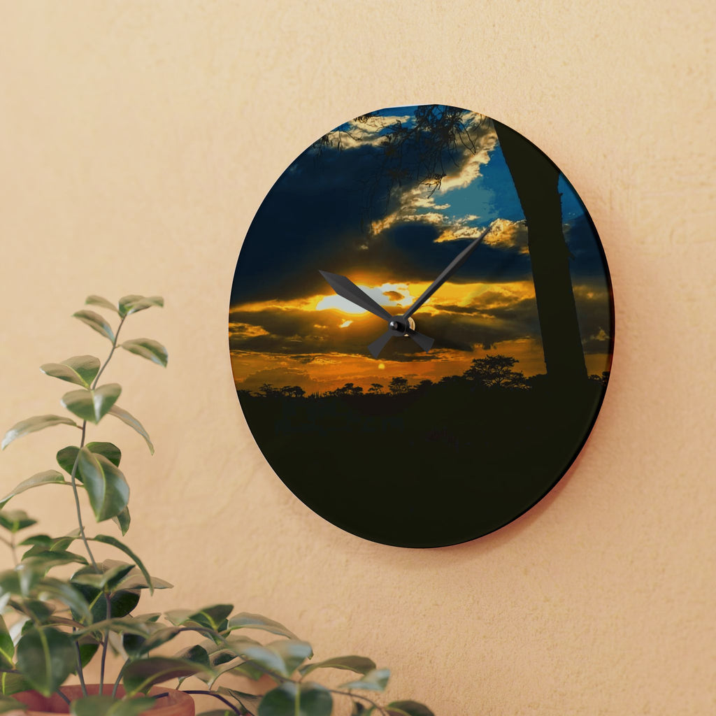 Sunset Silhouette Acrylic Wall Clock — Tropical Palm Sunset Decorative Clock