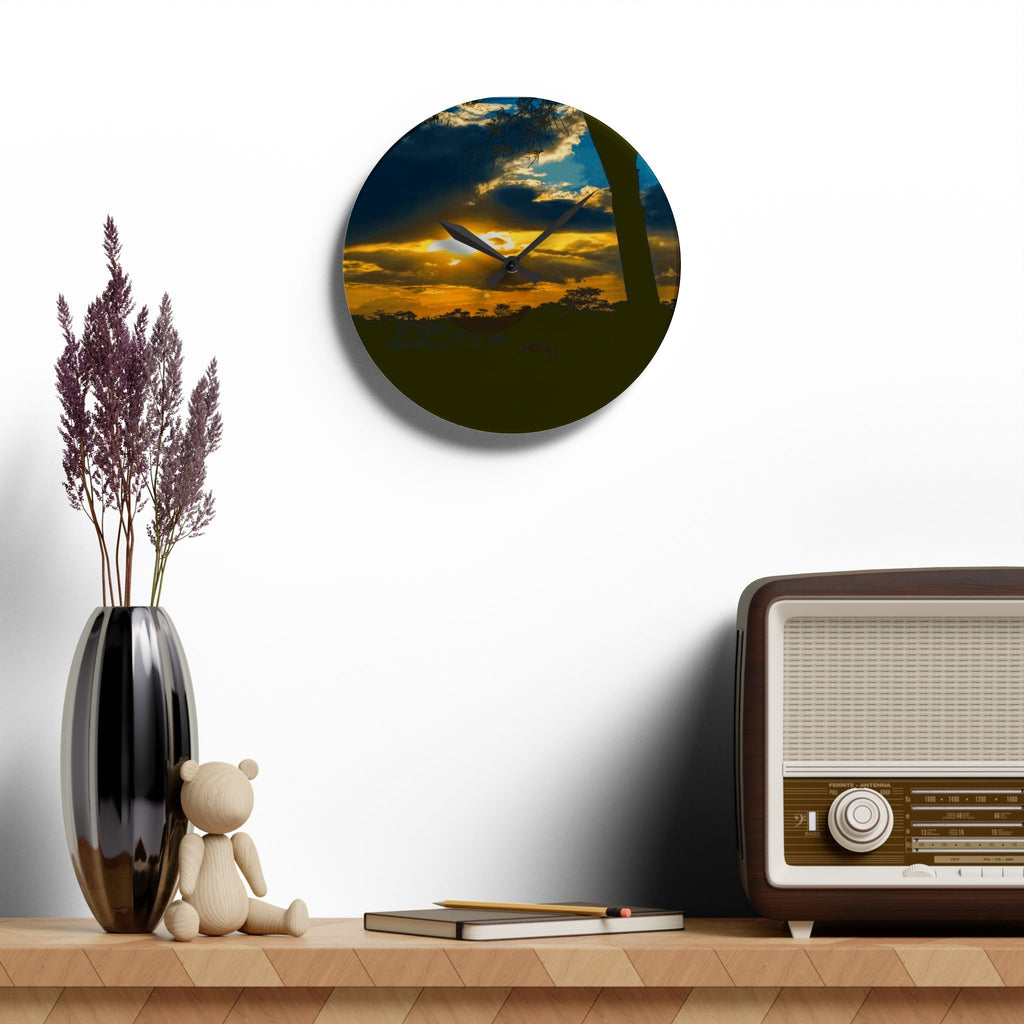 Sunset Silhouette Acrylic Wall Clock — Tropical Palm Sunset Decorative Clock