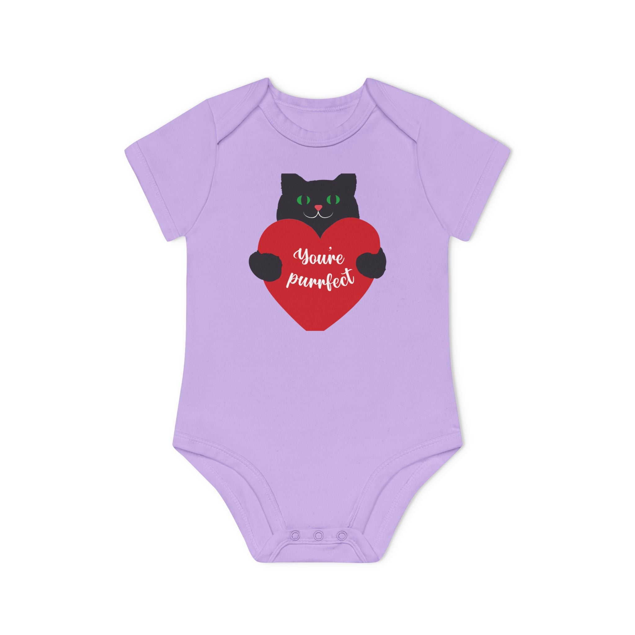 Baby Bodysuit — Black Cat Holding Heart "You're Purrfect" (Organic Short Sleeve)