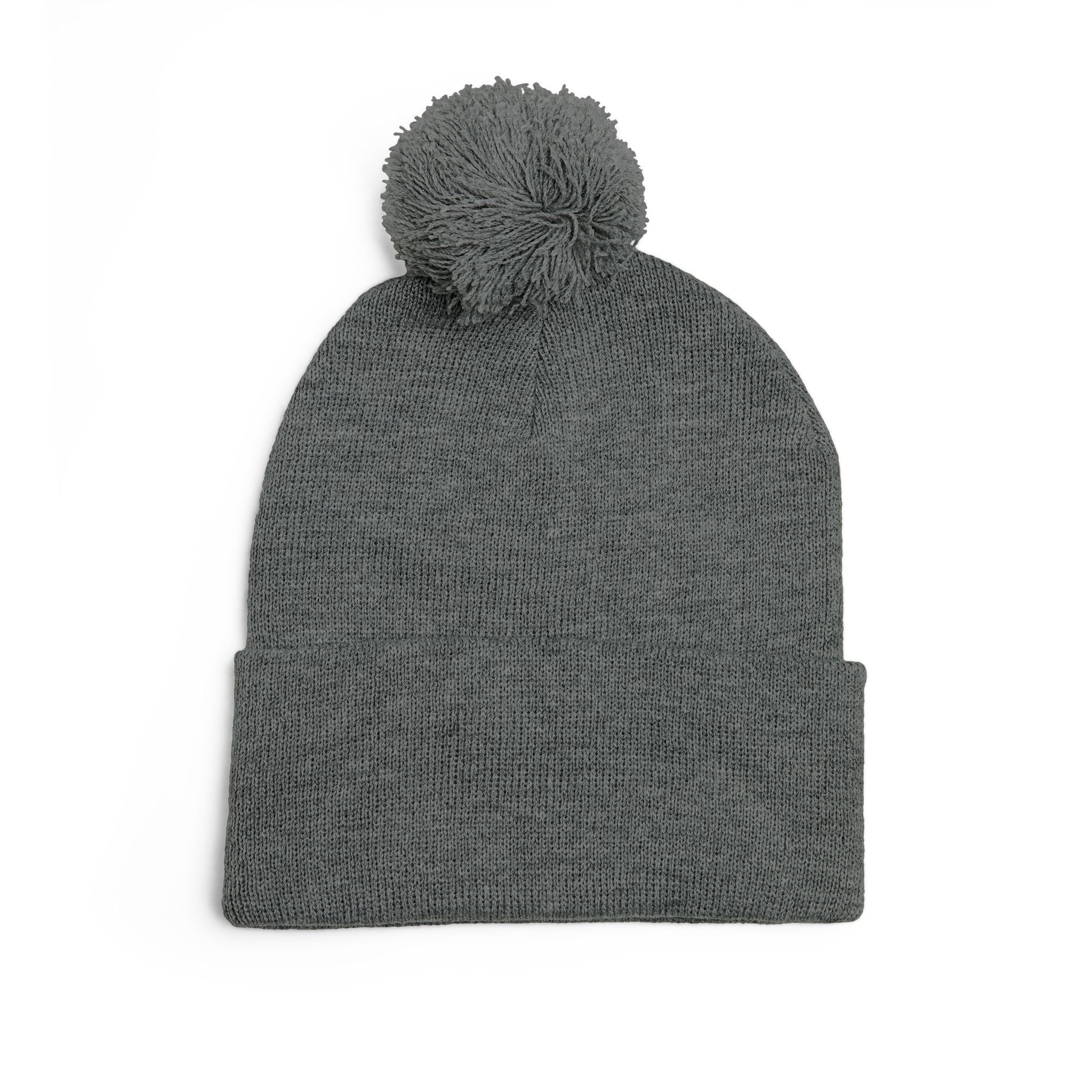 Embroidered Pom-Pom Beanie — Cozy Grey Knit Hat with Small Floral Skull Embroidery