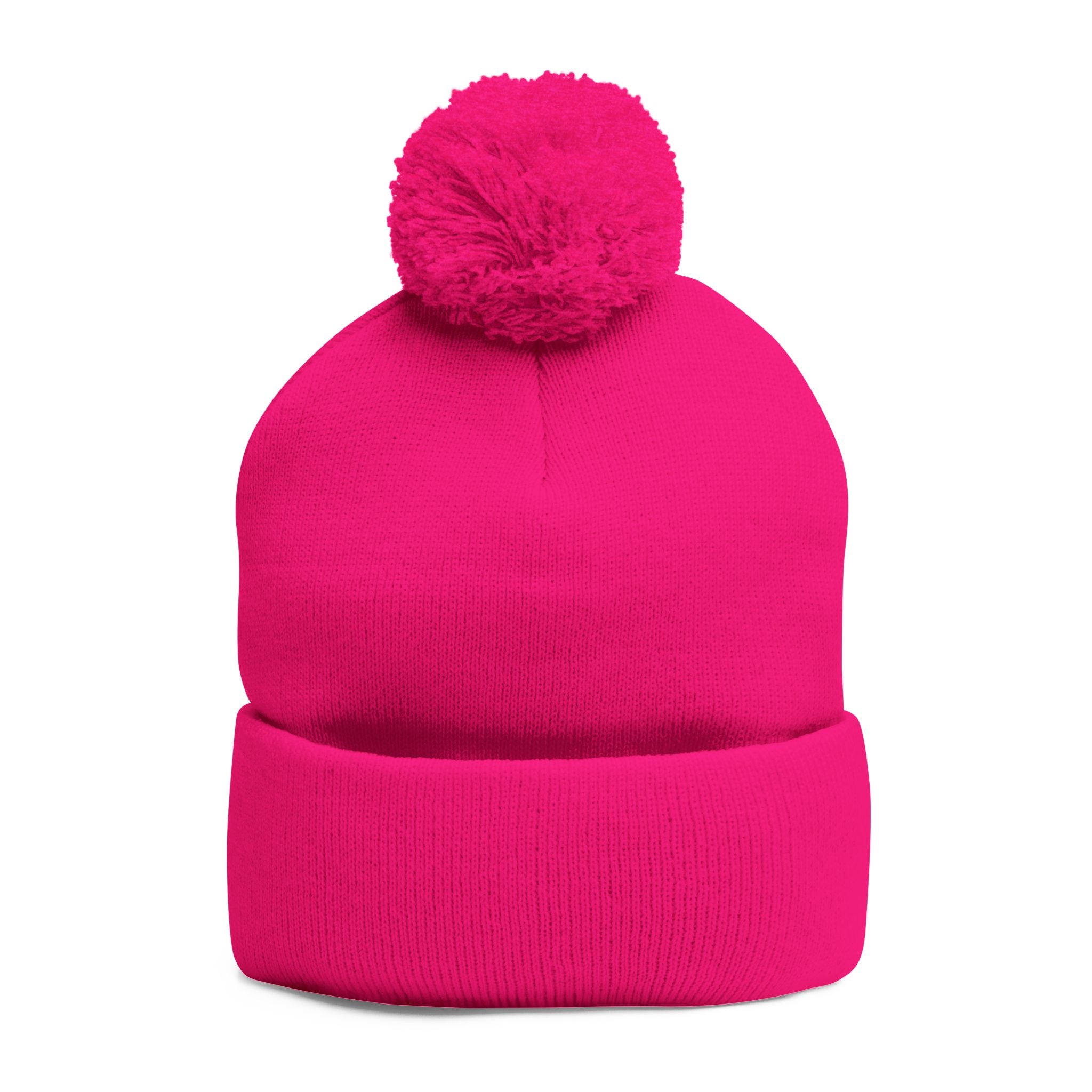 Embroidered Pom-Pom Beanie — Cozy Grey Knit Hat with Small Floral Skull Embroidery