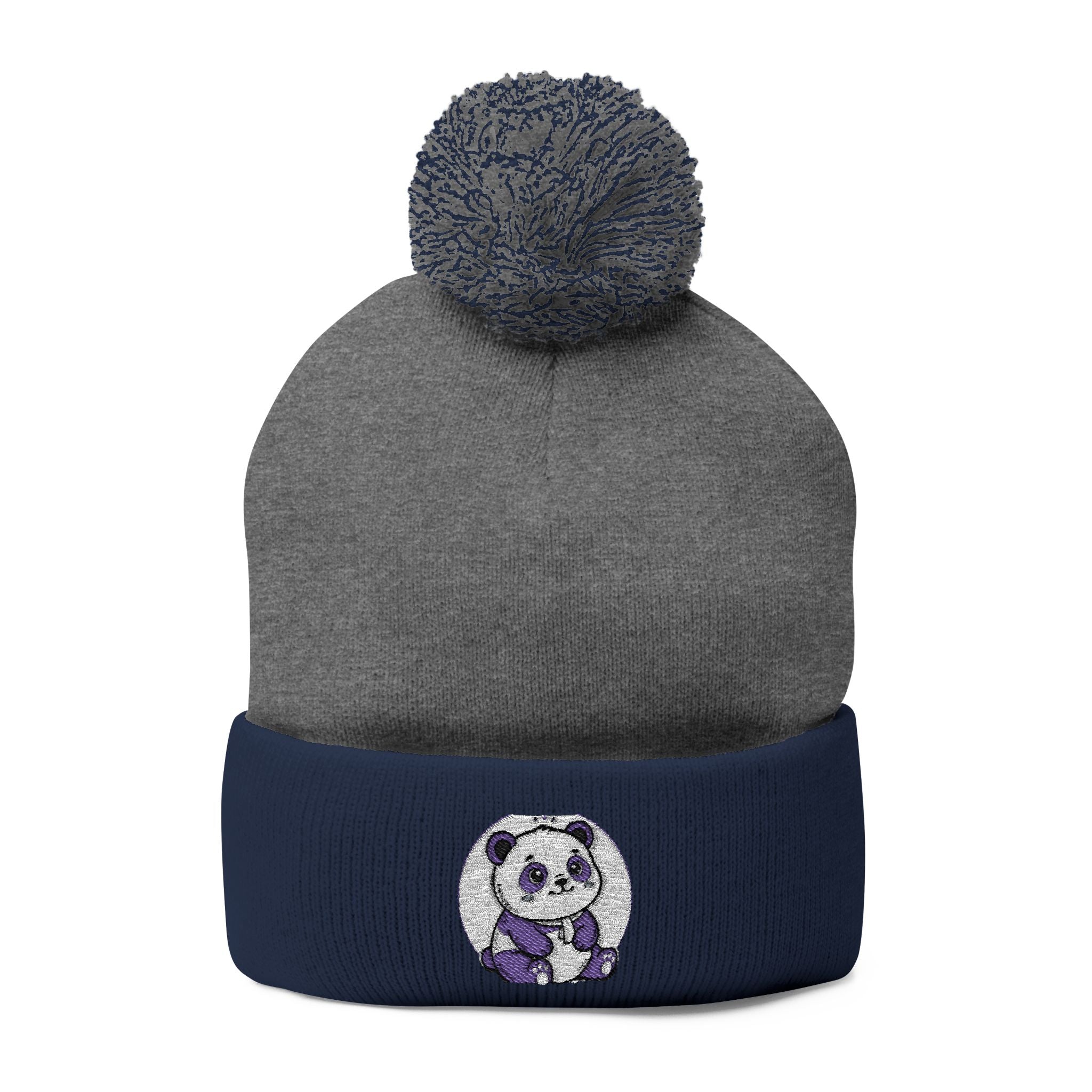Embroidered Pom-Pom Beanie — Cozy Grey Knit Hat with Small Floral Skull Embroidery
