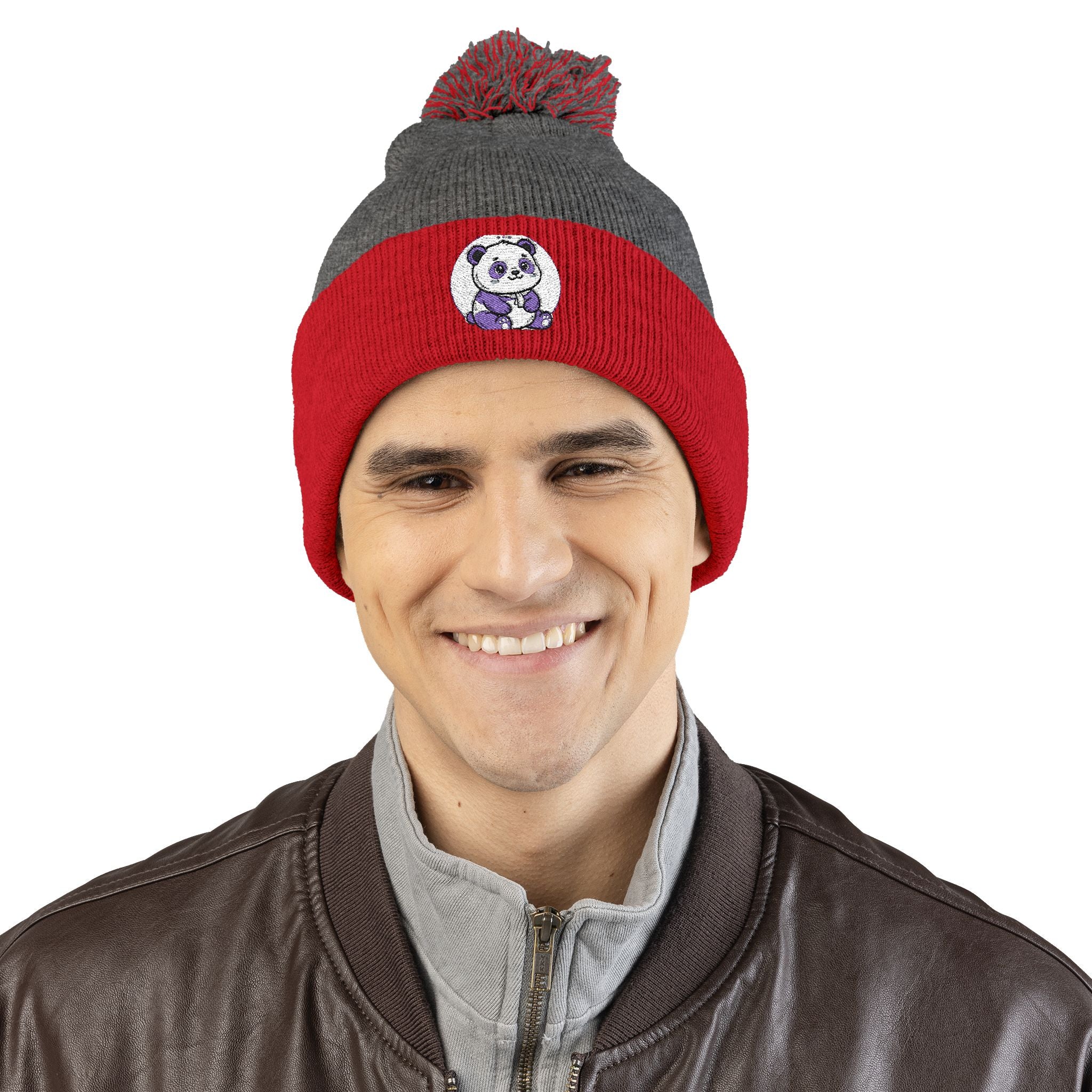 Embroidered Pom-Pom Beanie — Cozy Grey Knit Hat with Small Floral Skull Embroidery