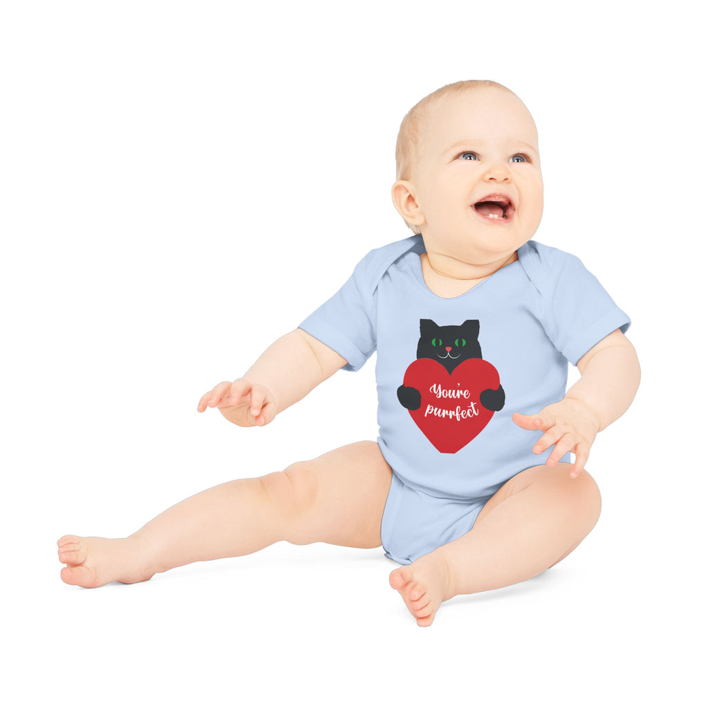 Baby Bodysuit — Black Cat Holding Heart "You're Purrfect" (Organic Short Sleeve)