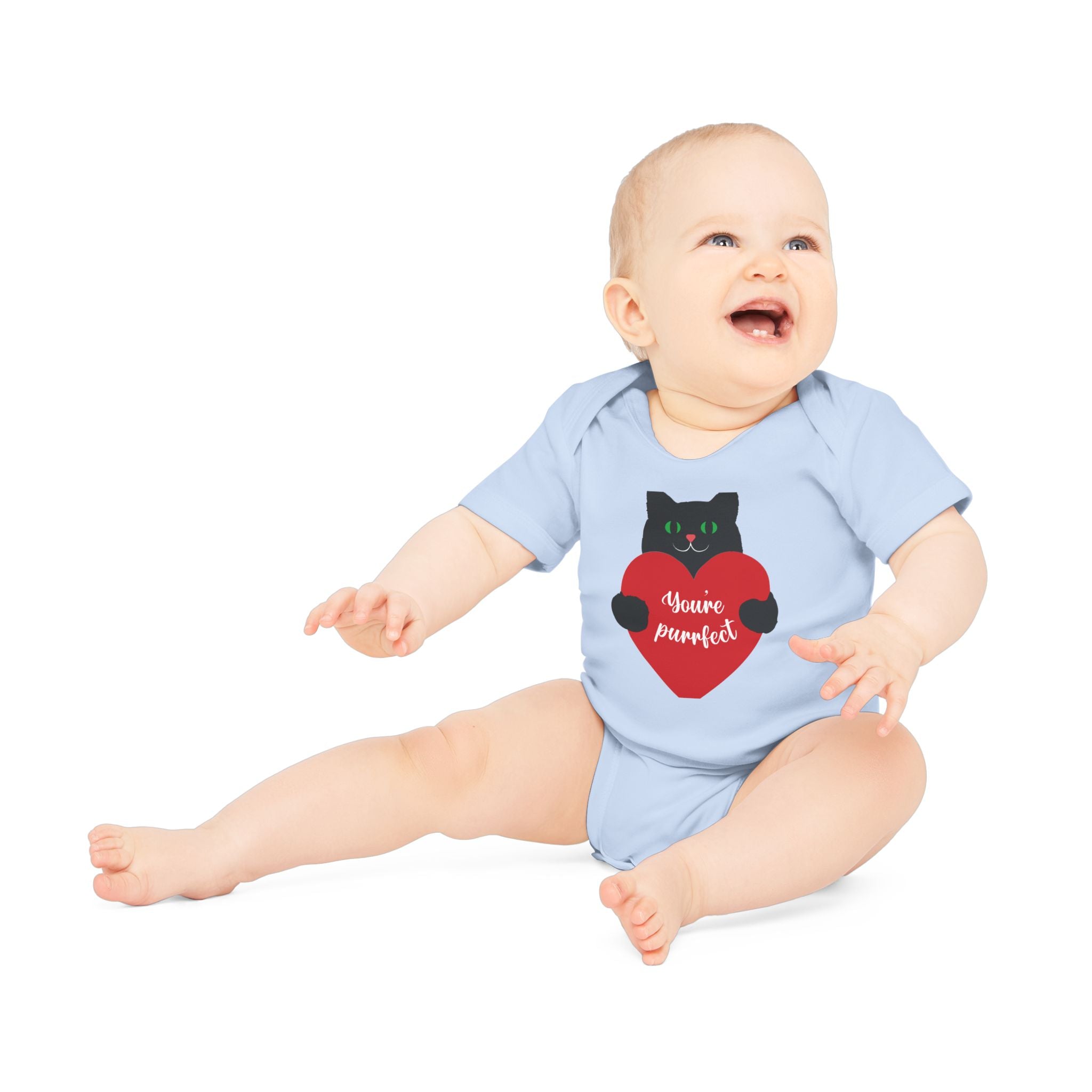 Baby Bodysuit — Black Cat Holding Heart "You're Purrfect" (Organic Short Sleeve)