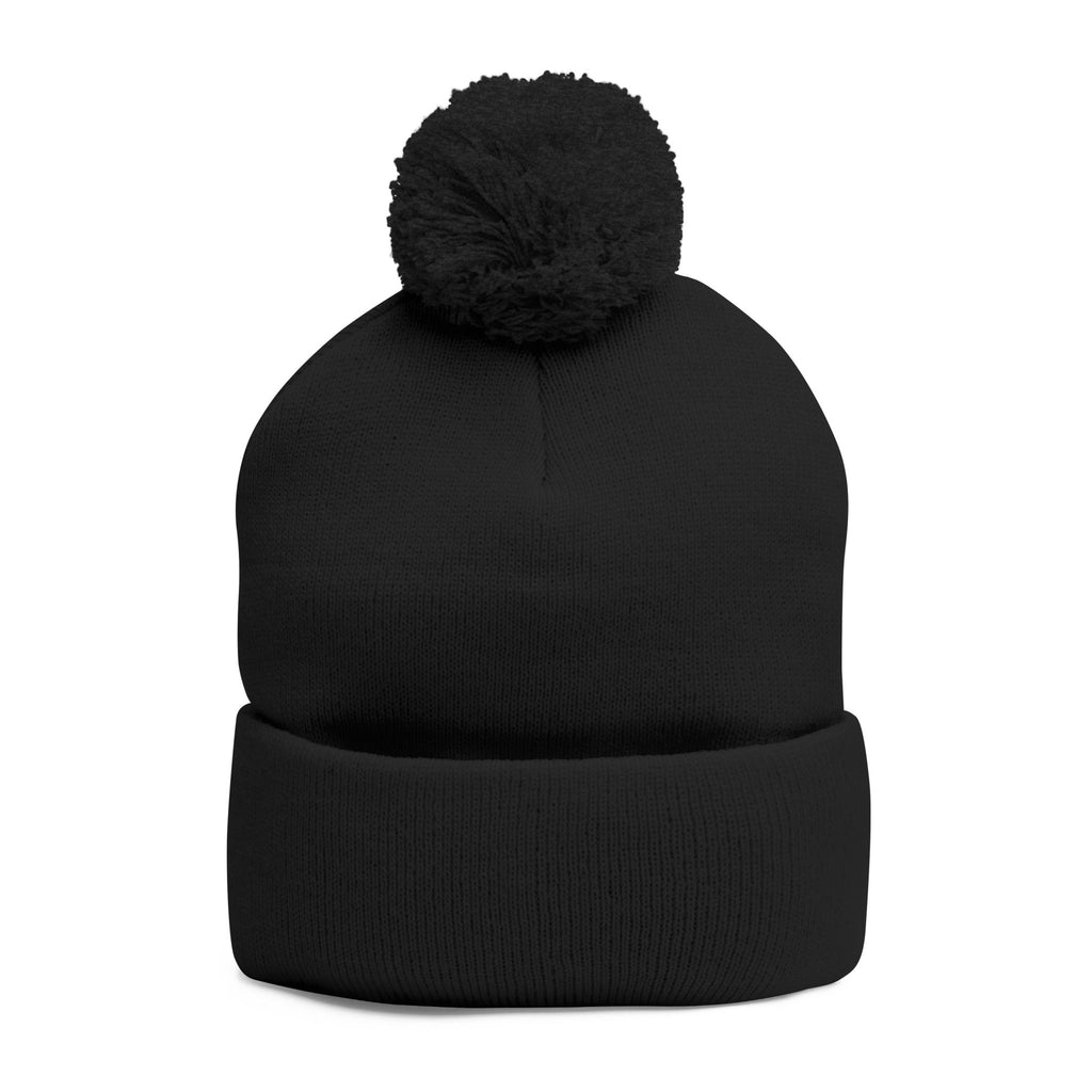 Embroidered Pom-Pom Beanie — Cozy Grey Knit Hat with Small Floral Skull Embroidery