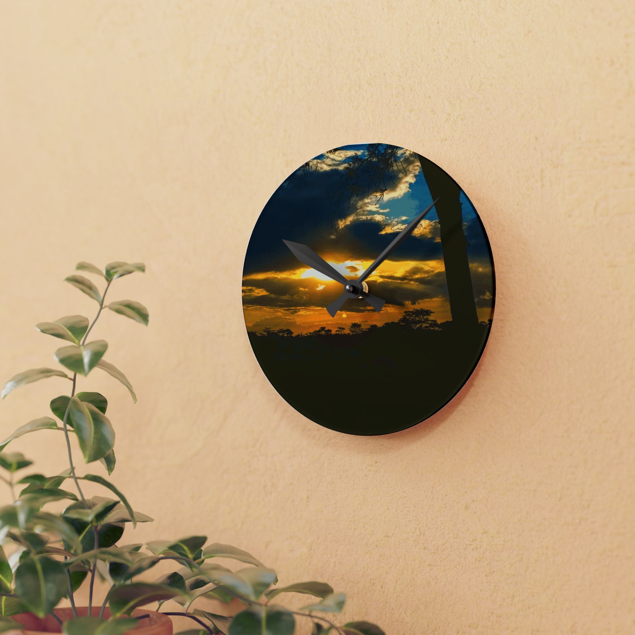 Sunset Silhouette Acrylic Wall Clock — Tropical Palm Sunset Decorative Clock