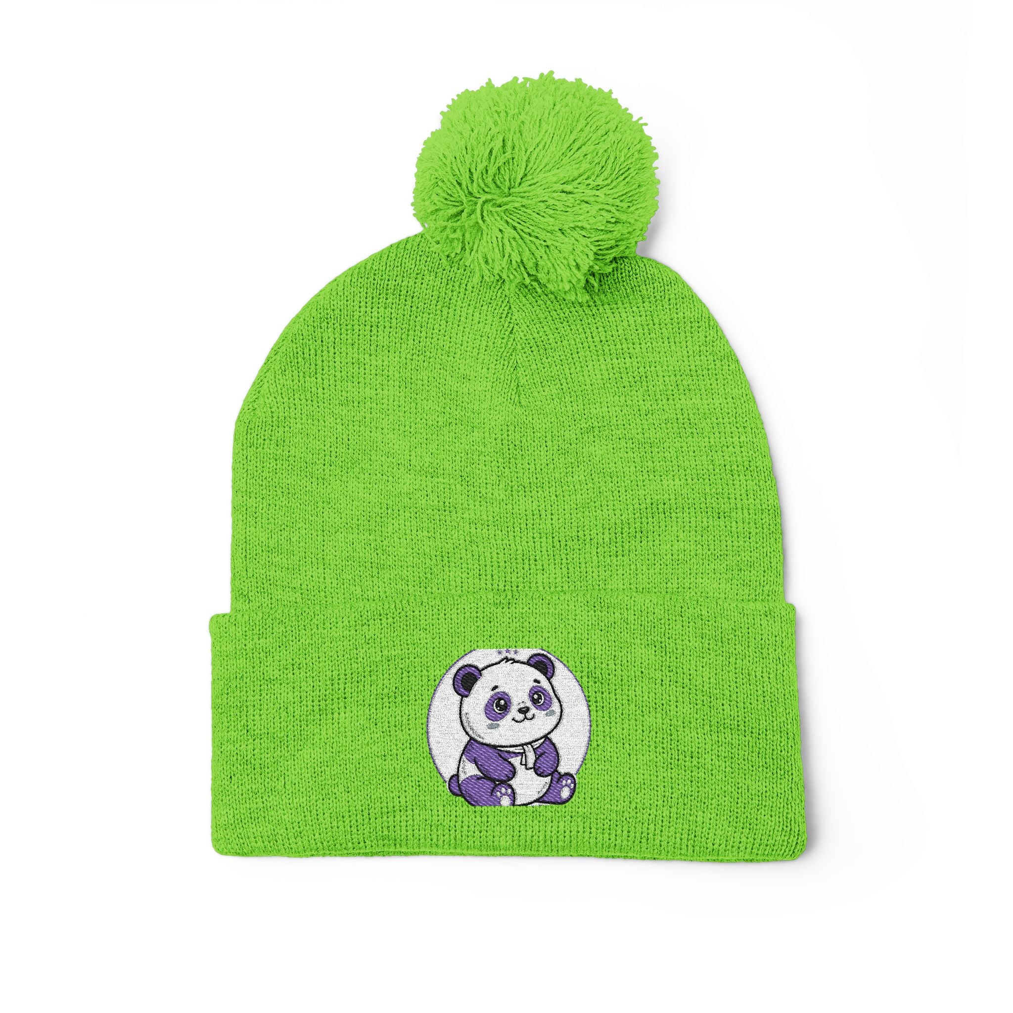 Embroidered Pom-Pom Beanie — Cozy Grey Knit Hat with Small Floral Skull Embroidery