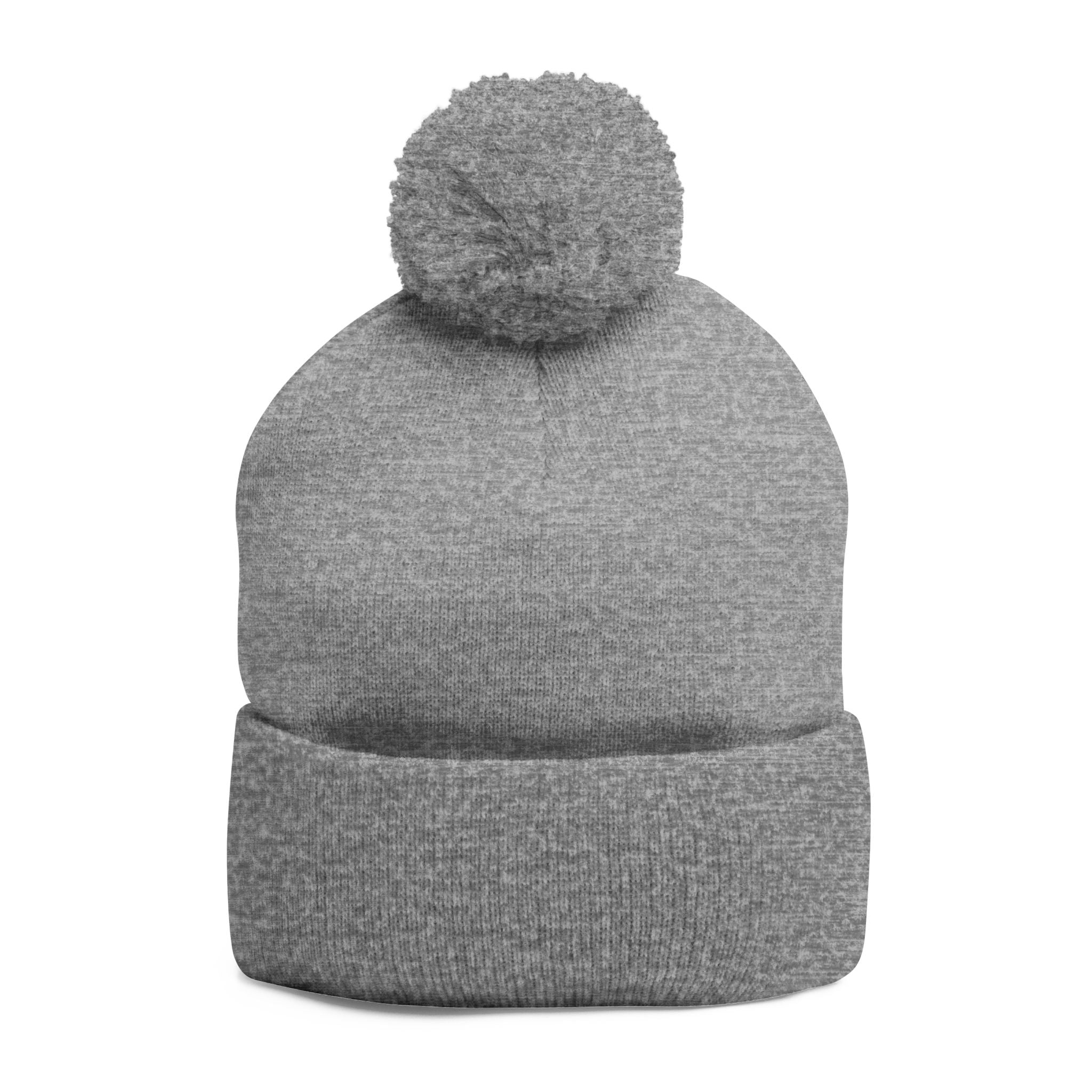 Embroidered Pom-Pom Beanie — Cozy Grey Knit Hat with Small Floral Skull Embroidery