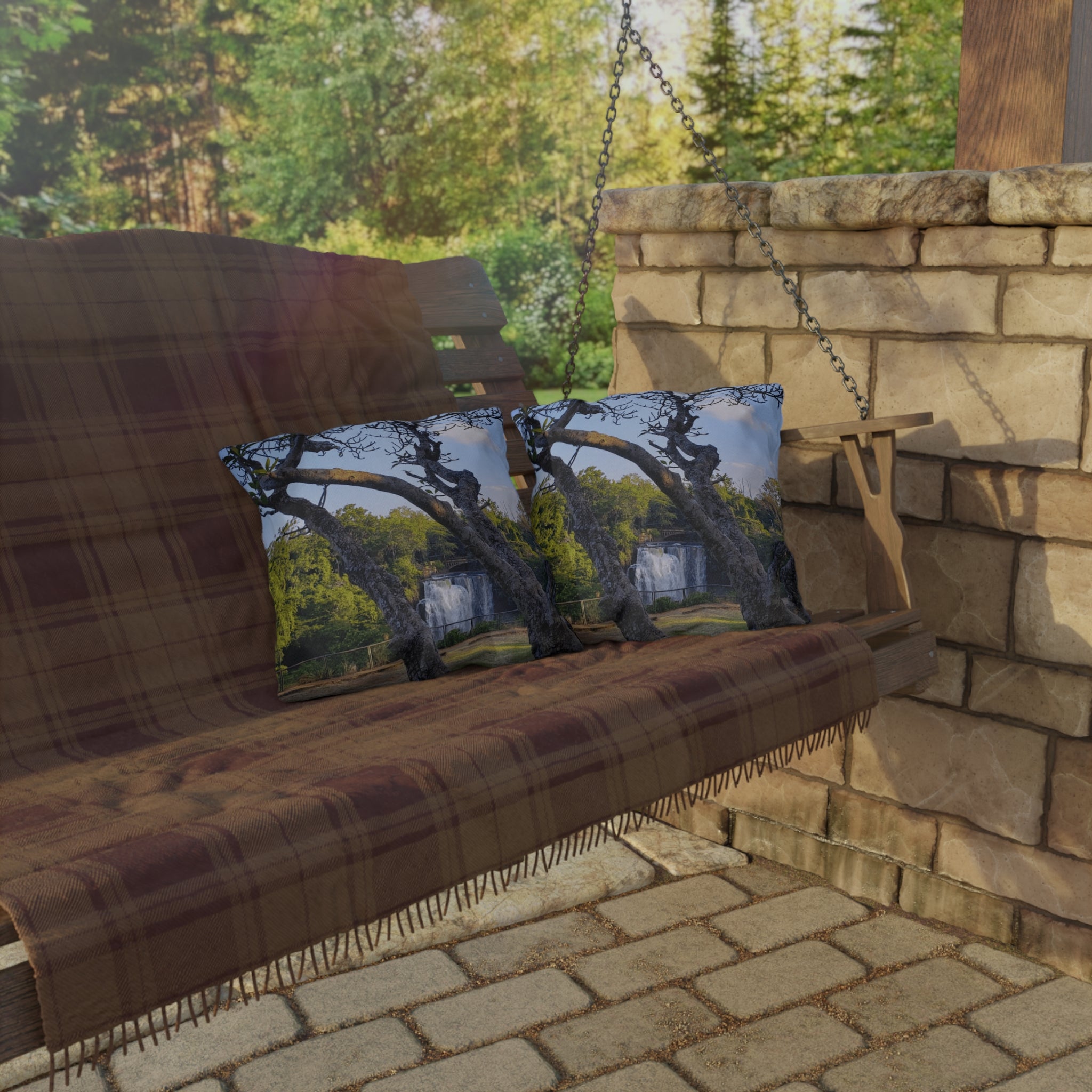Waterfall Garden Outdoor Pillow — Scenic Nature Photo Throw Pillow for Patio & Deck