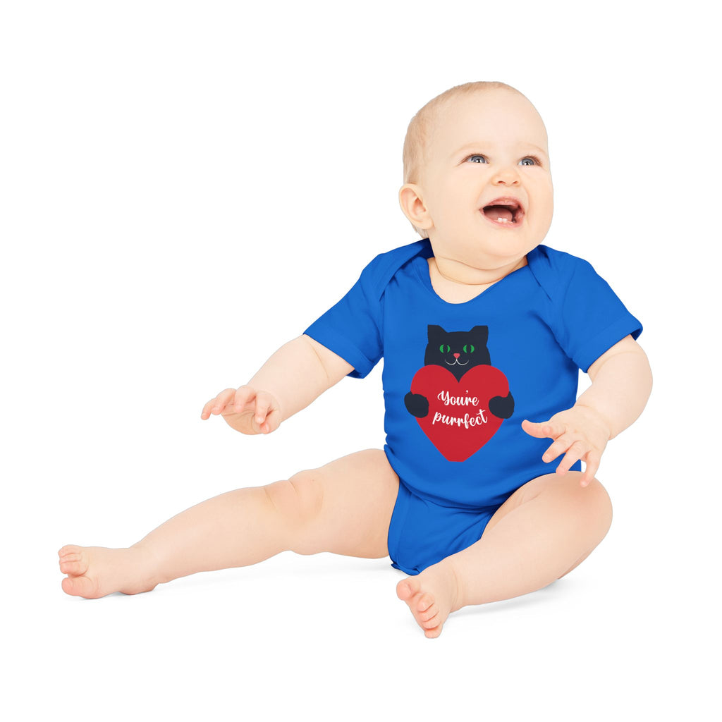 Baby Bodysuit — Black Cat Holding Heart "You're Purrfect" (Organic Short Sleeve)