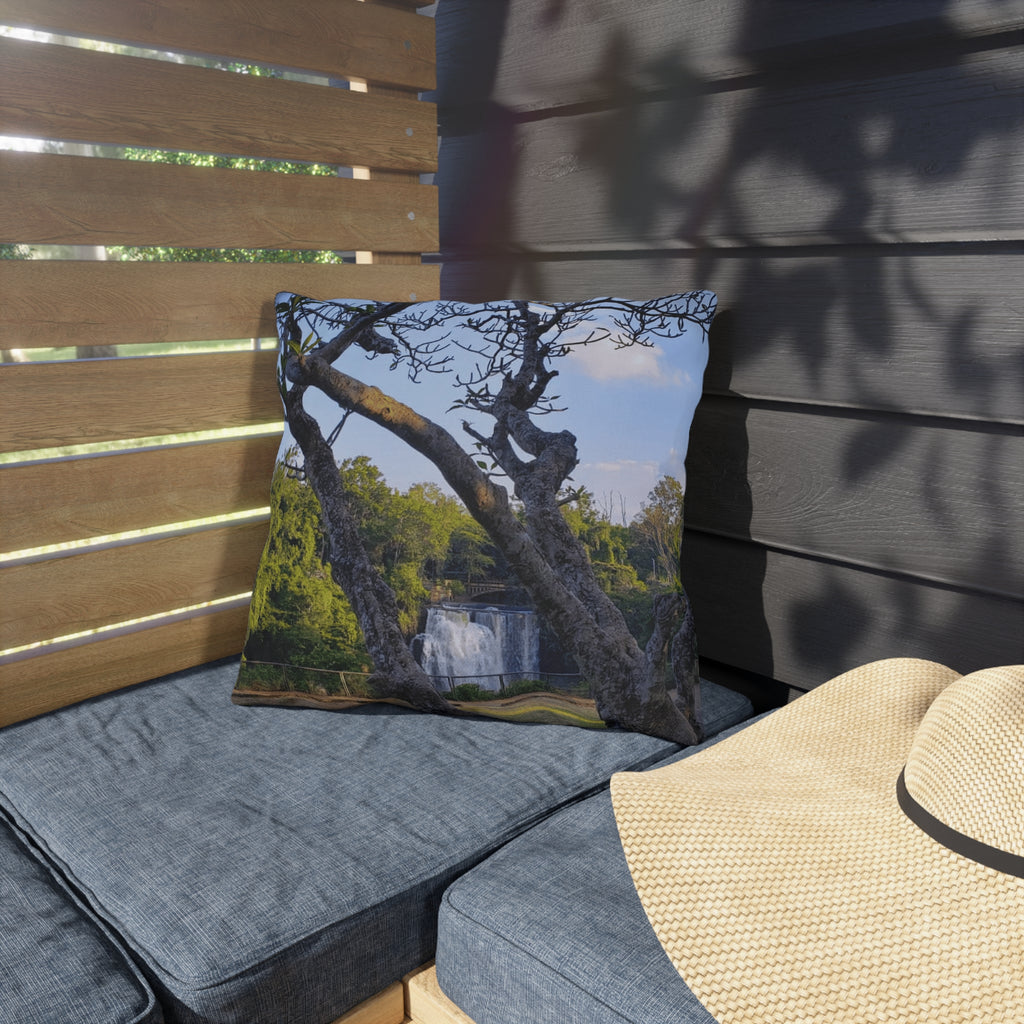 Waterfall Garden Outdoor Pillow — Scenic Nature Photo Throw Pillow for Patio & Deck