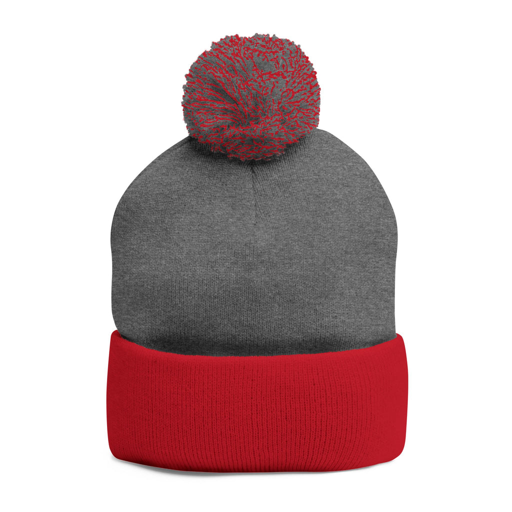 Embroidered Pom-Pom Beanie — Cozy Grey Knit Hat with Small Floral Skull Embroidery