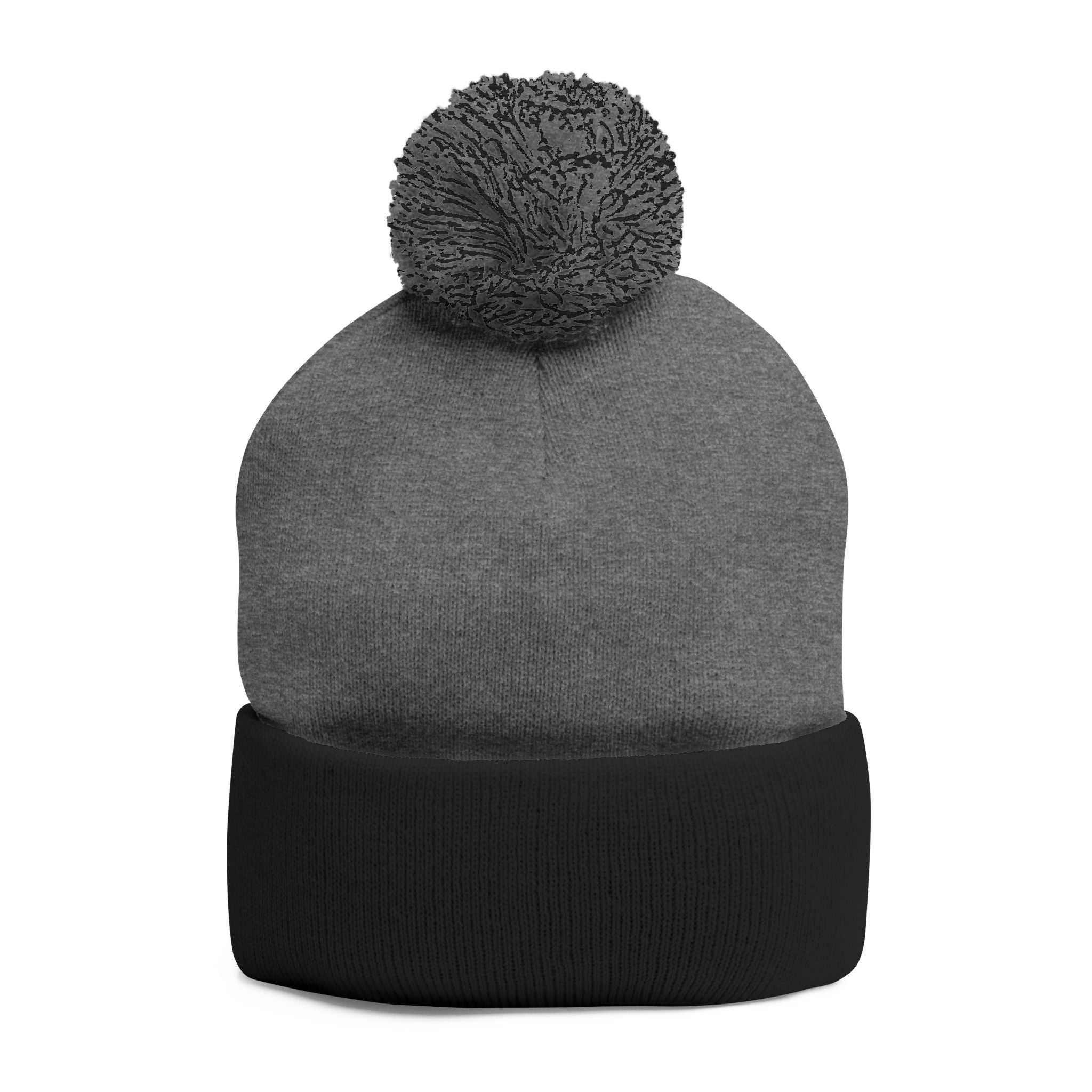 Embroidered Pom-Pom Beanie — Cozy Grey Knit Hat with Small Floral Skull Embroidery