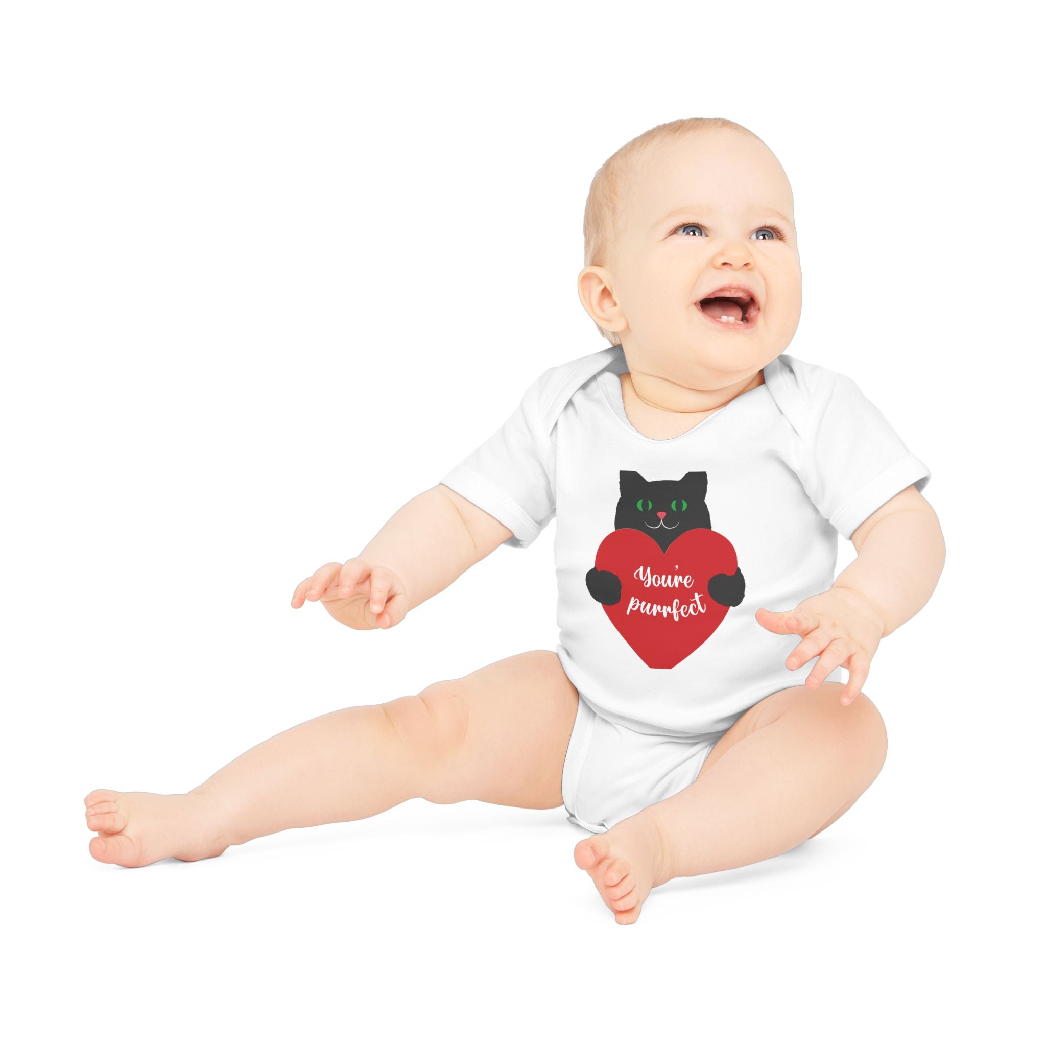 Baby Bodysuit — Black Cat Holding Heart "You're Purrfect" (Organic Short Sleeve)