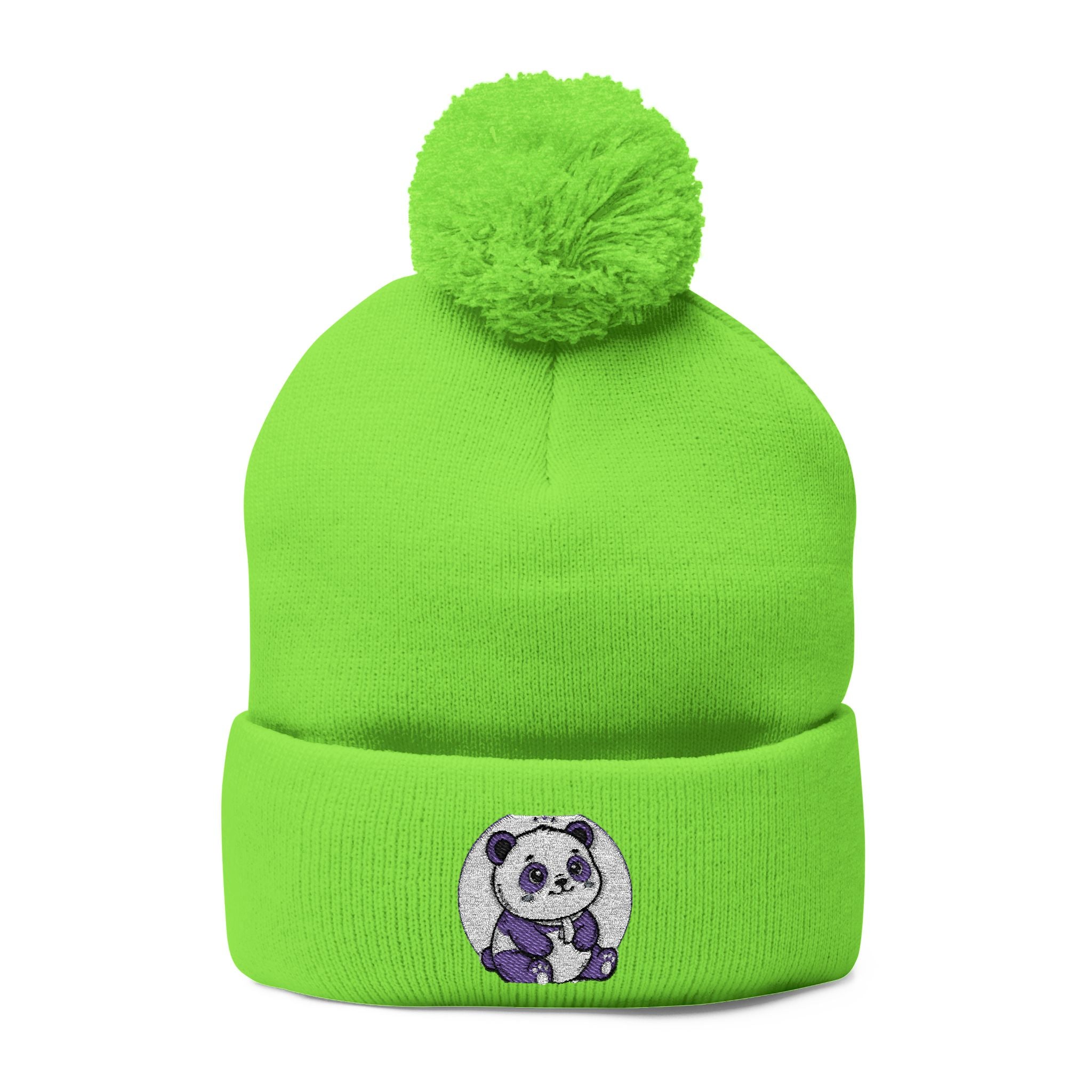 Embroidered Pom-Pom Beanie — Cozy Grey Knit Hat with Small Floral Skull Embroidery