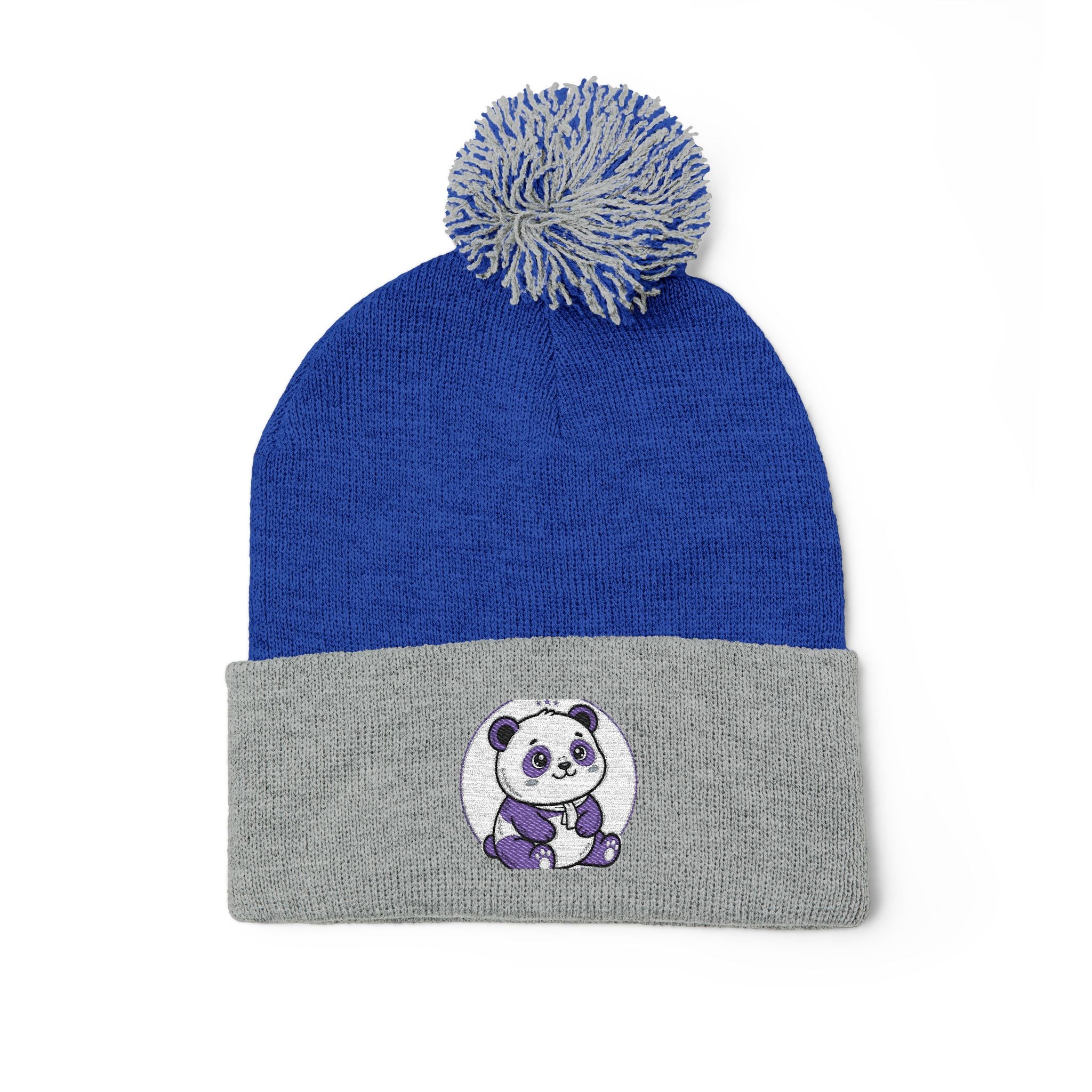 Embroidered Pom-Pom Beanie — Cozy Grey Knit Hat with Small Floral Skull Embroidery
