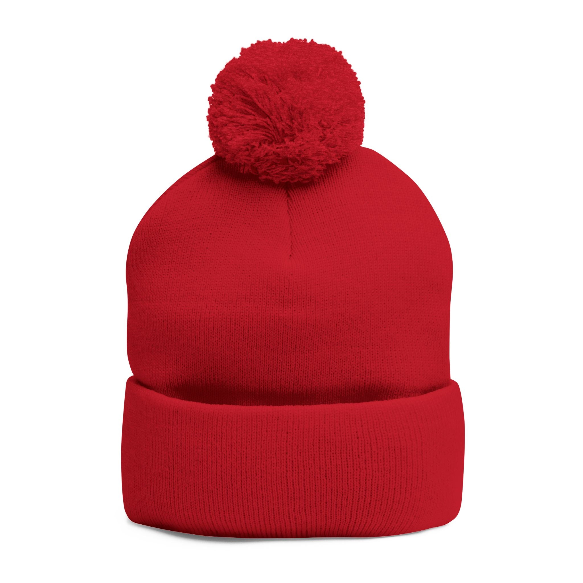 Embroidered Pom-Pom Beanie — Cozy Grey Knit Hat with Small Floral Skull Embroidery