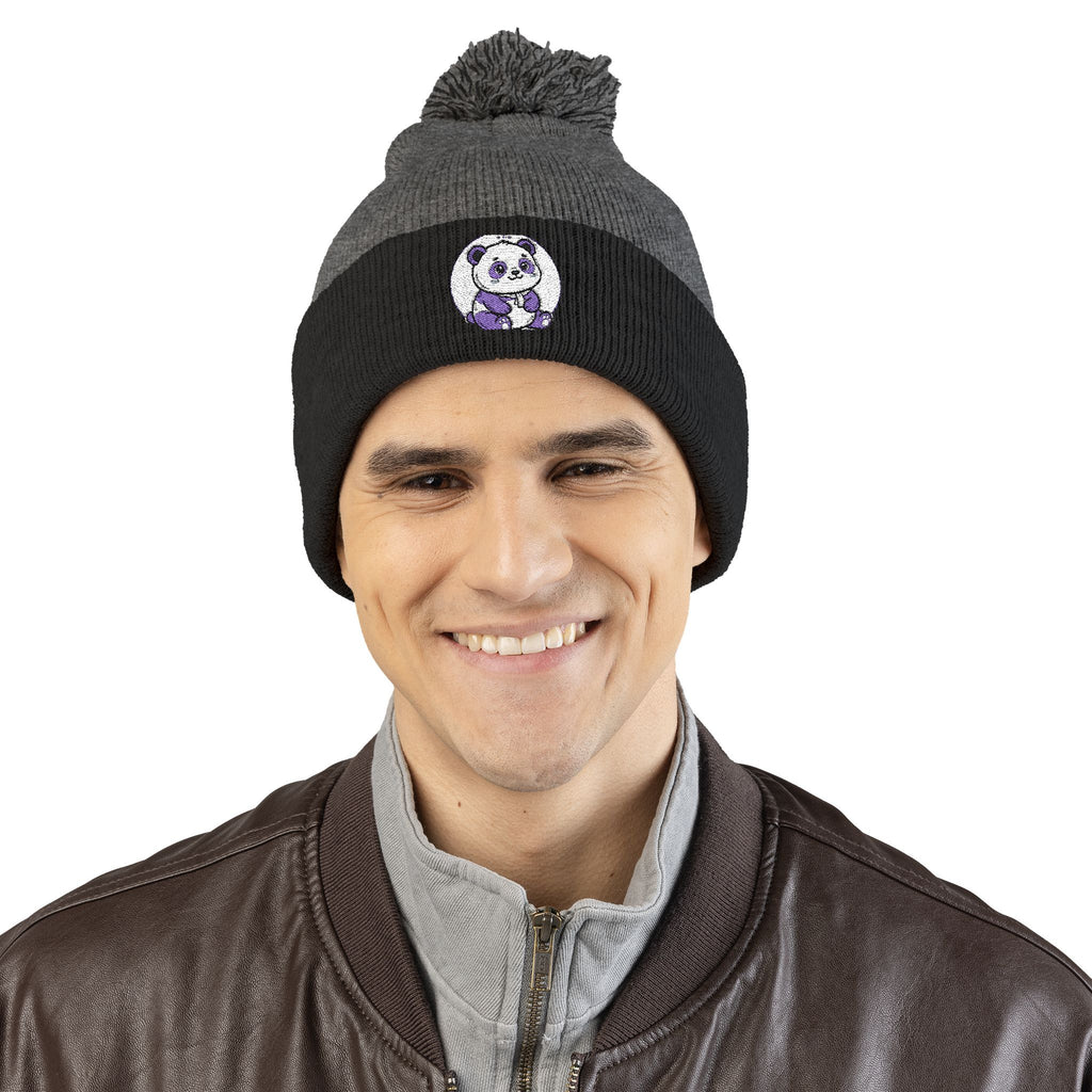 Embroidered Pom-Pom Beanie — Cozy Grey Knit Hat with Small Floral Skull Embroidery