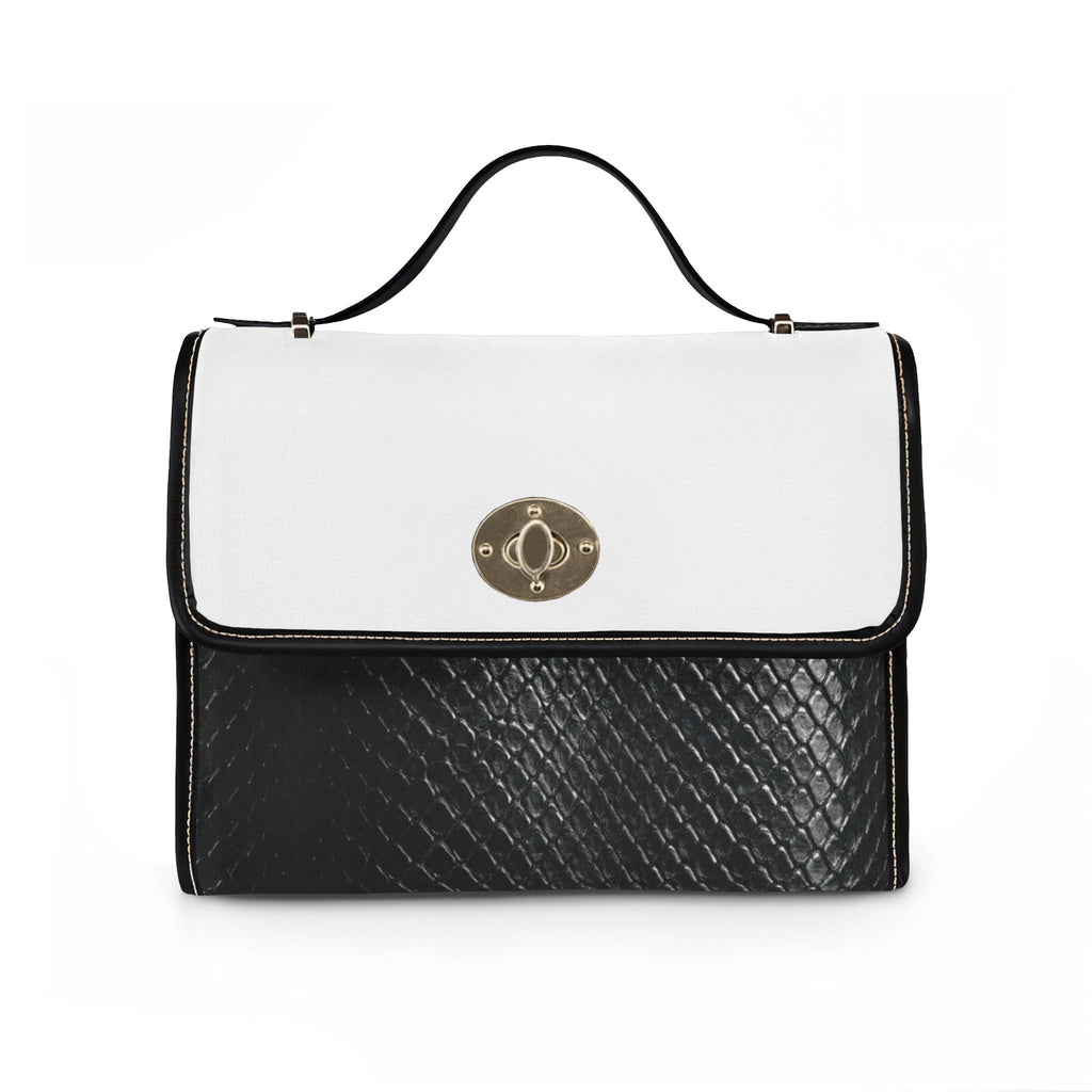 Leather-Trim Canvas Satchel Bag – Waterproof Black & White Crossbody