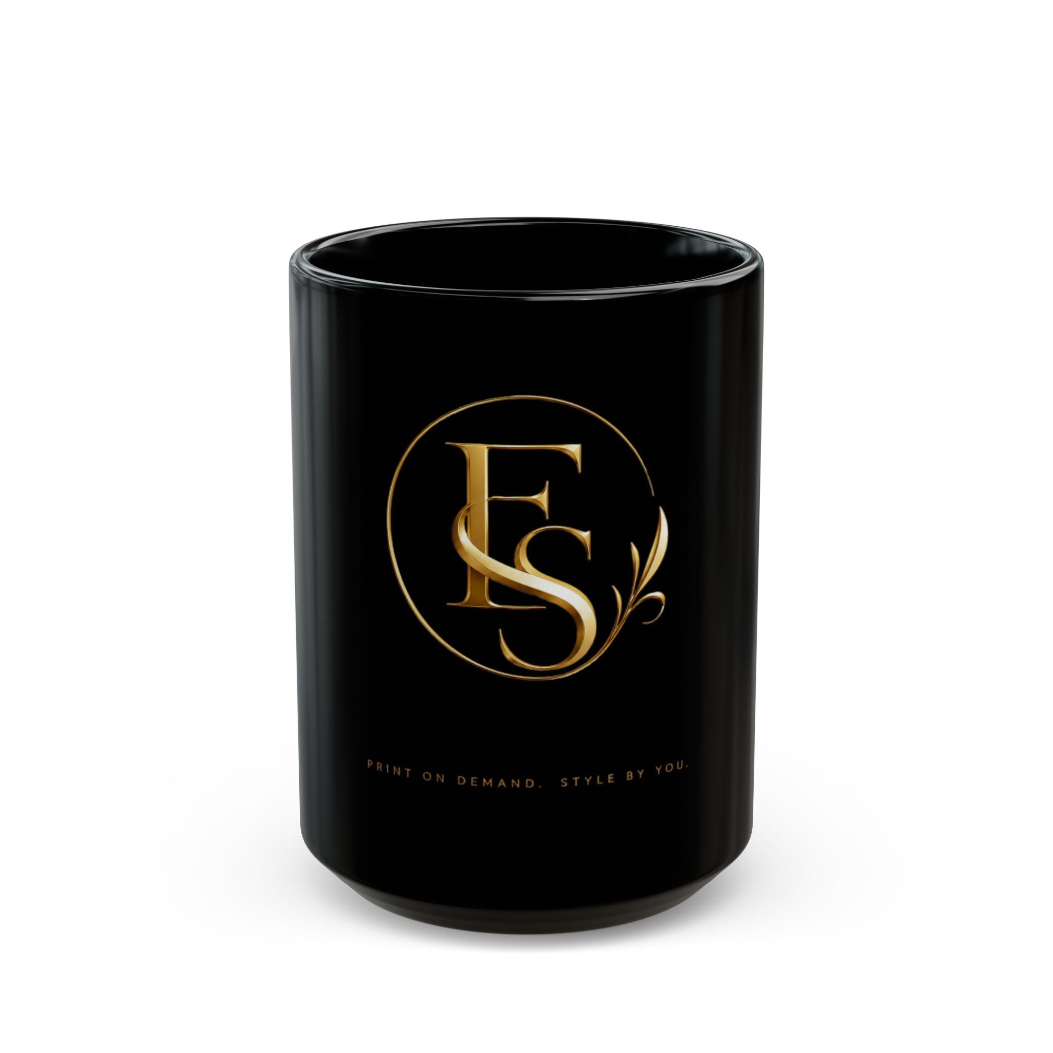 Black Ceramic Mug with Gold FS Monogram — Elegant Luxury Coffee Cup (11oz/15oz)
