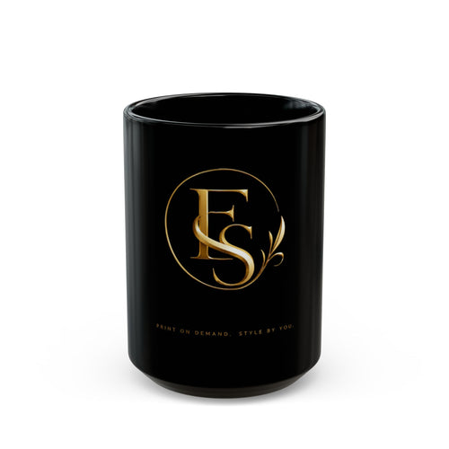 Black Ceramic Mug with Gold FS Monogram — Elegant Luxury Coffee Cup (11oz/15oz)