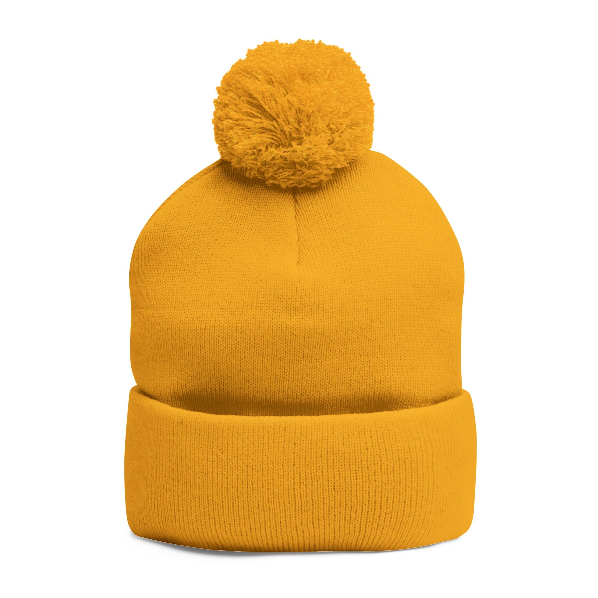 Embroidered Pom-Pom Beanie — Cozy Grey Knit Hat with Small Floral Skull Embroidery