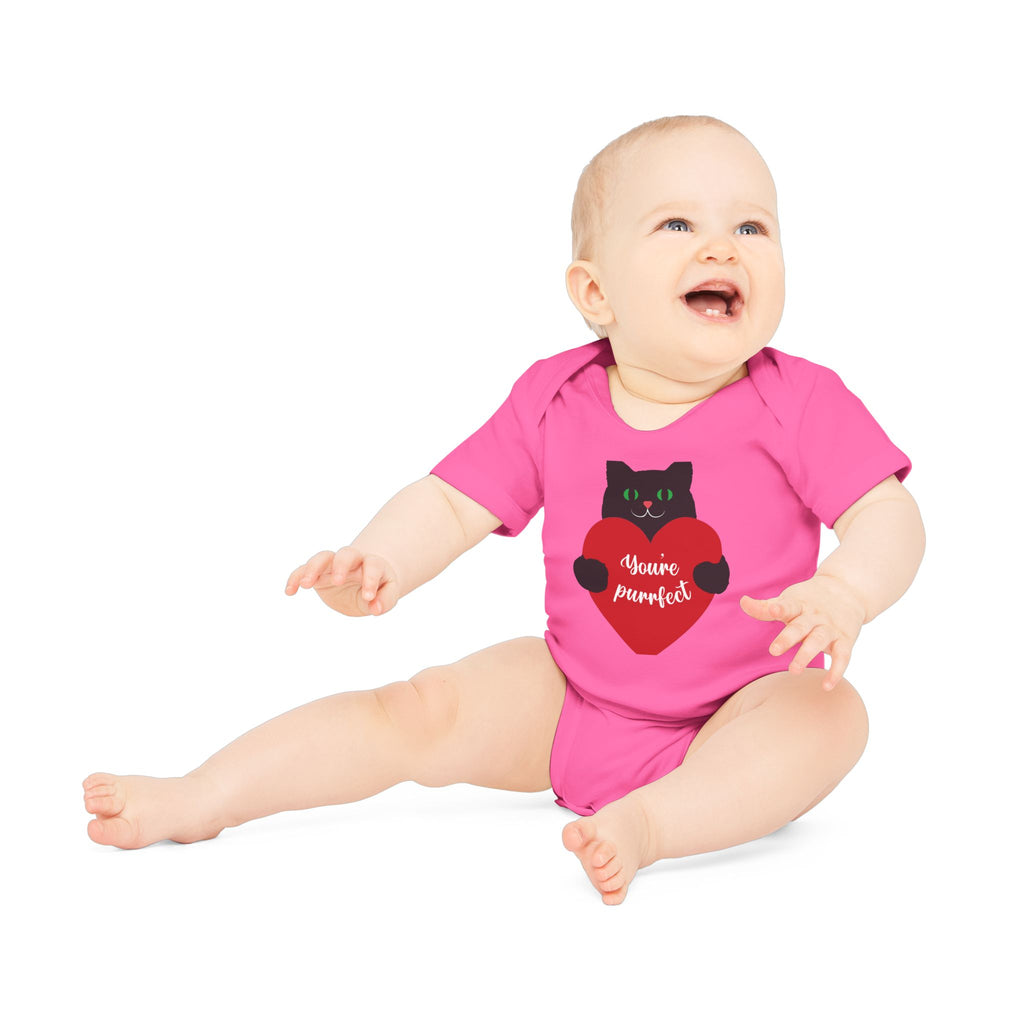 Baby Bodysuit — Black Cat Holding Heart "You're Purrfect" (Organic Short Sleeve)