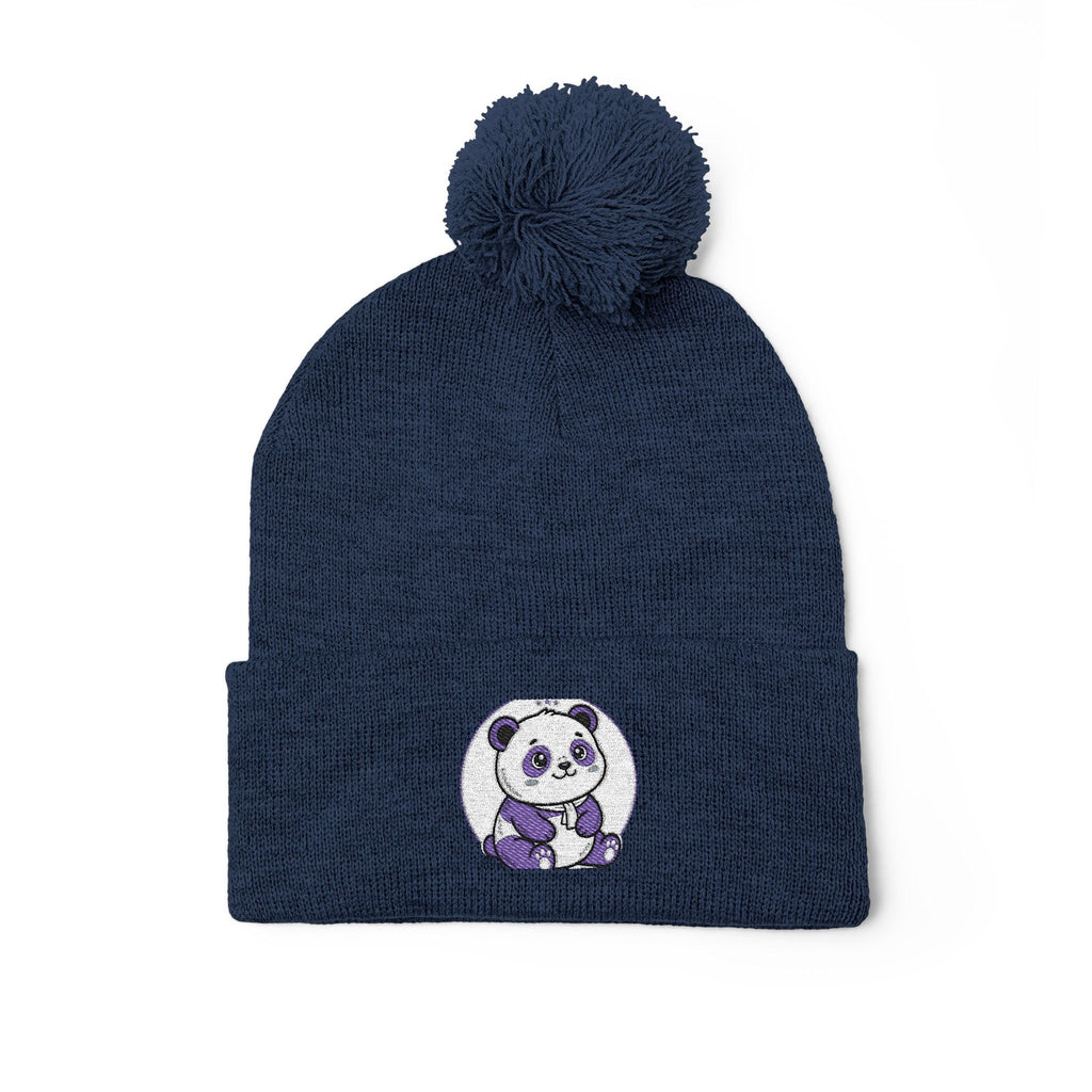 Embroidered Pom-Pom Beanie — Cozy Grey Knit Hat with Small Floral Skull Embroidery