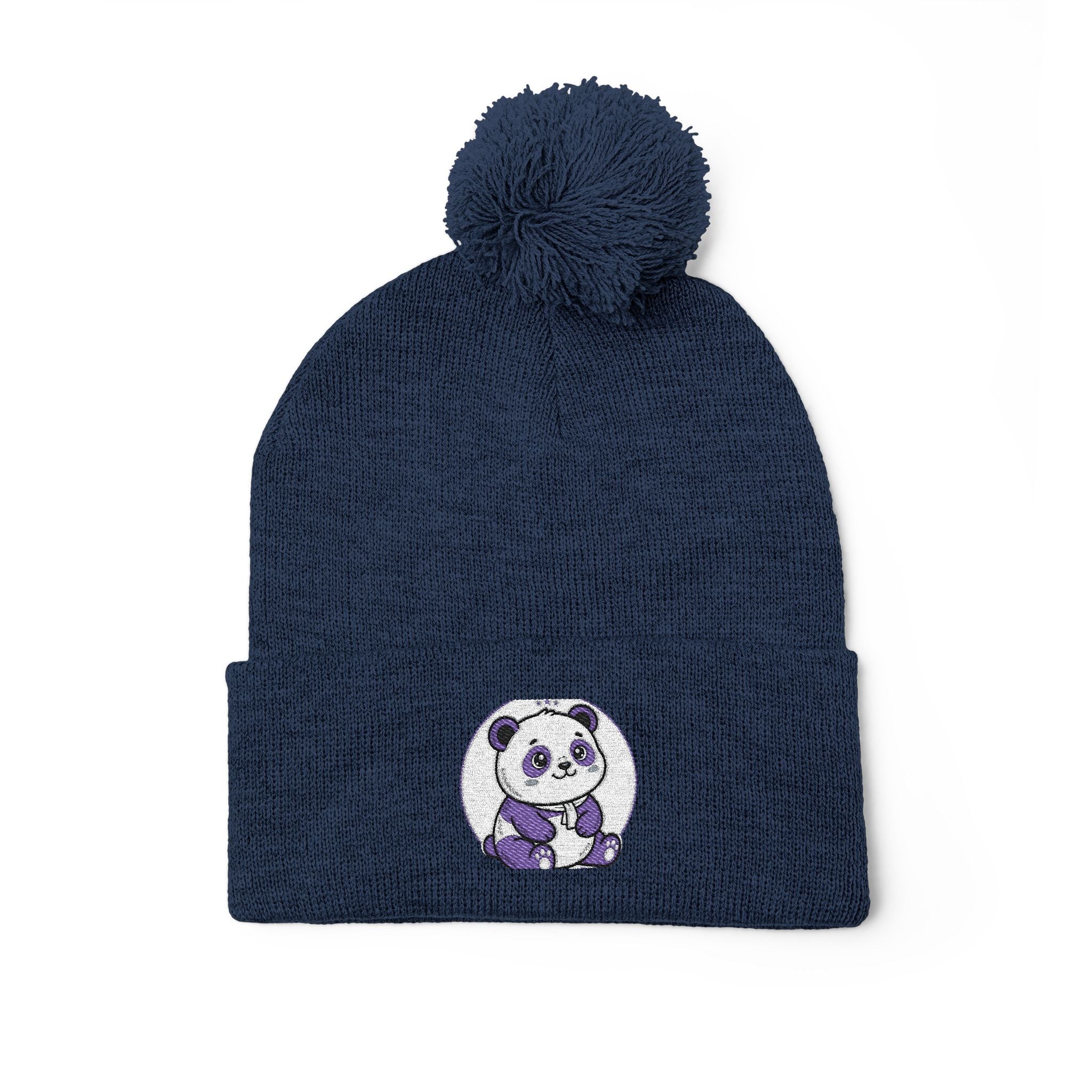 Embroidered Pom-Pom Beanie — Cozy Grey Knit Hat with Small Floral Skull Embroidery