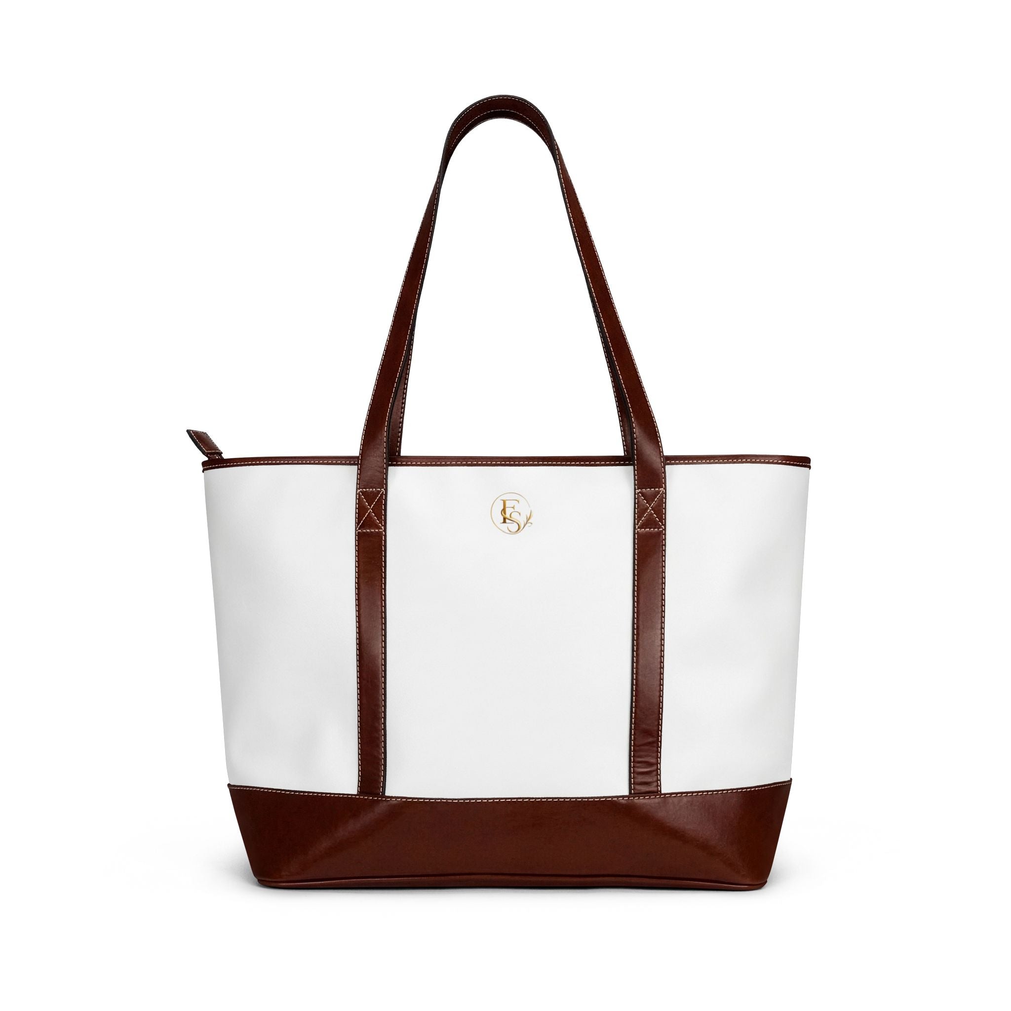 Classic White & Brown Leather Tote Handbag – Spacious Everyday Travel Bag