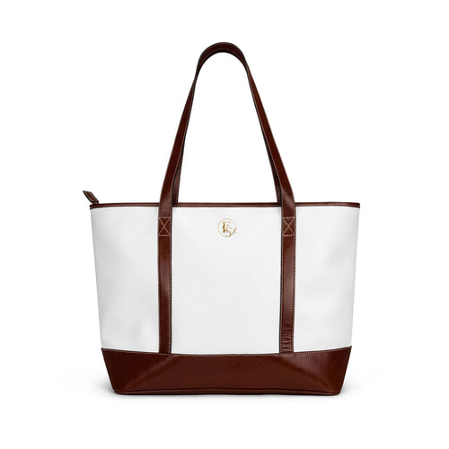 Classic White & Brown Leather Tote Handbag – Spacious Everyday Travel Bag