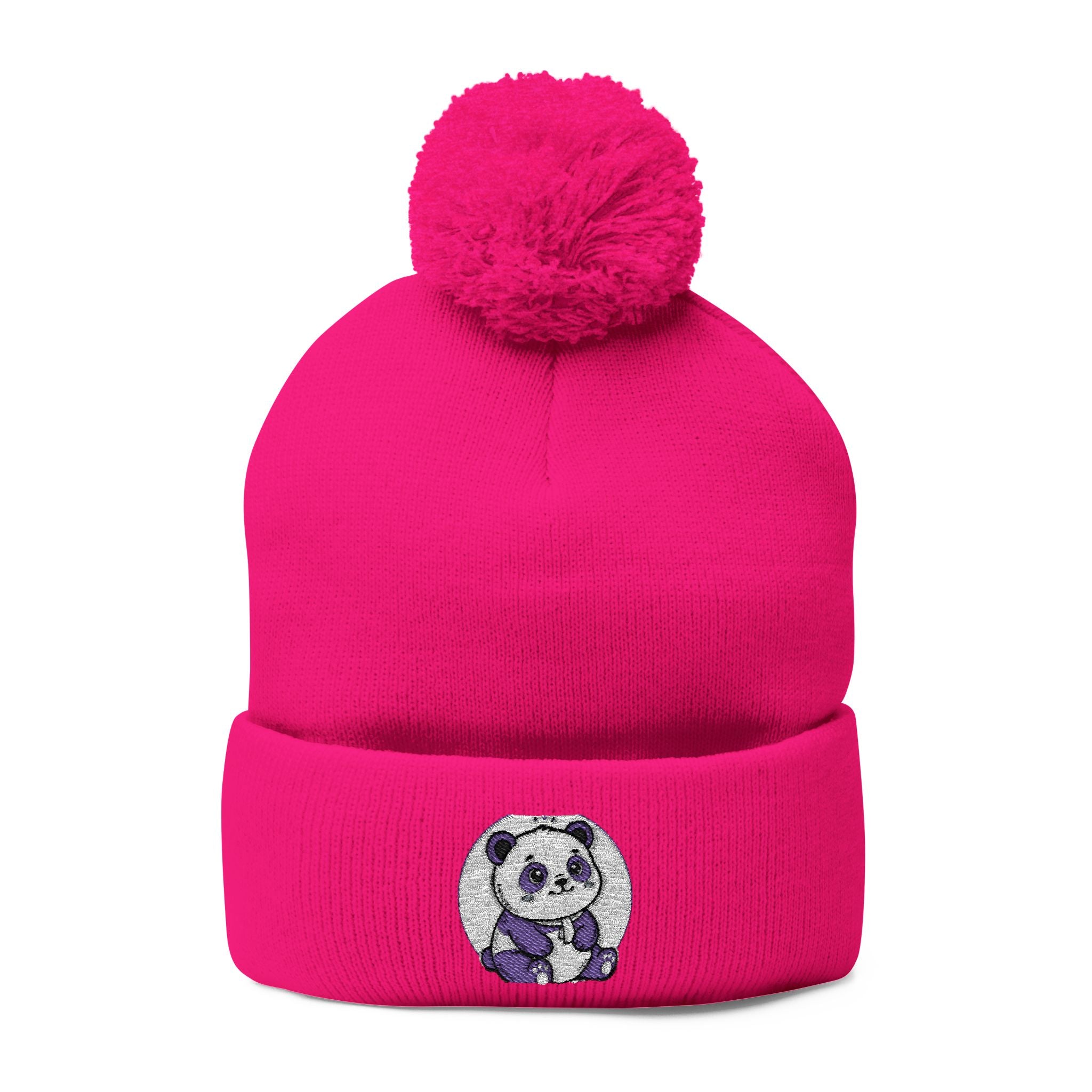 Embroidered Pom-Pom Beanie — Cozy Grey Knit Hat with Small Floral Skull Embroidery