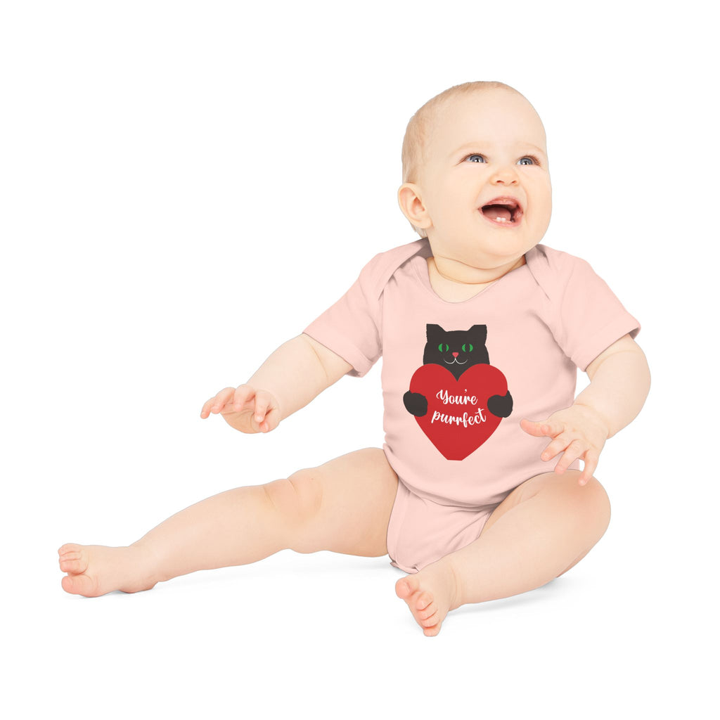 Baby Bodysuit — Black Cat Holding Heart "You're Purrfect" (Organic Short Sleeve)