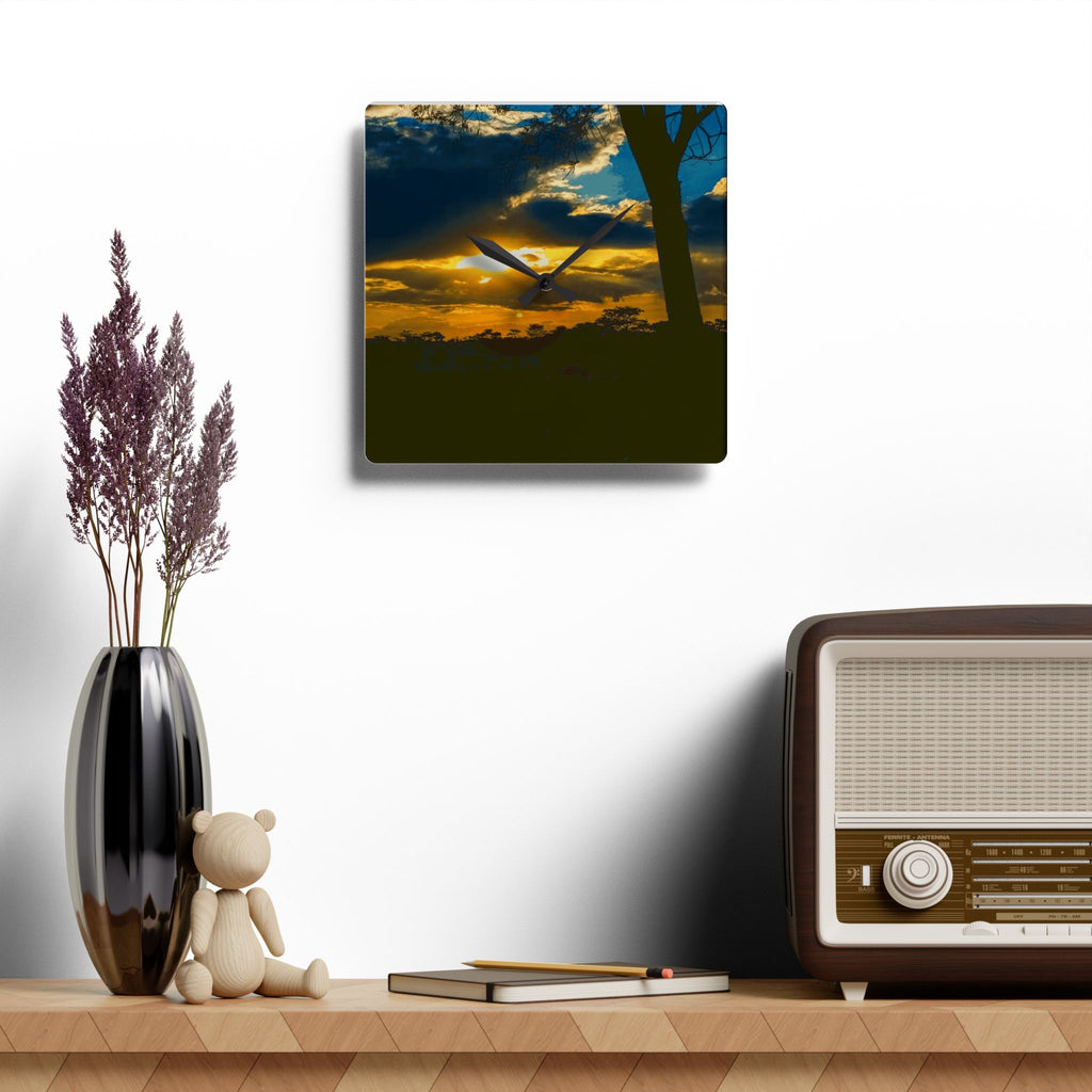 Sunset Silhouette Acrylic Wall Clock — Tropical Palm Sunset Decorative Clock