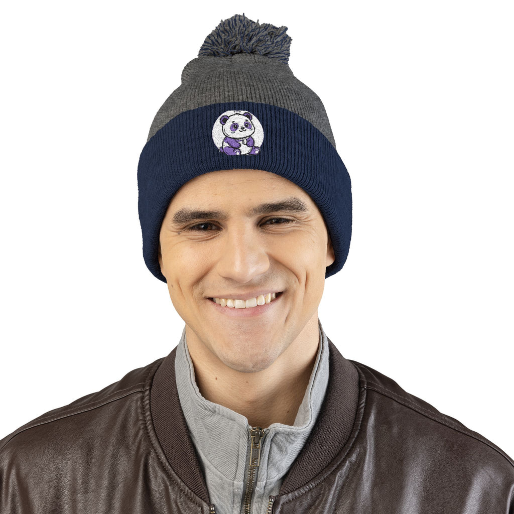 Embroidered Pom-Pom Beanie — Cozy Grey Knit Hat with Small Floral Skull Embroidery