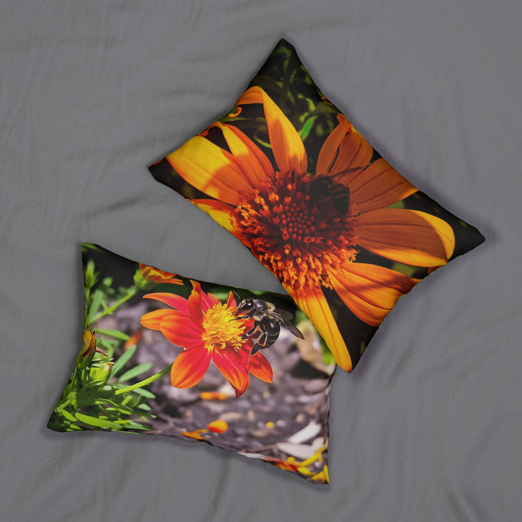 Lumbar Pillow — Orange Daisy Floral with Bee Print