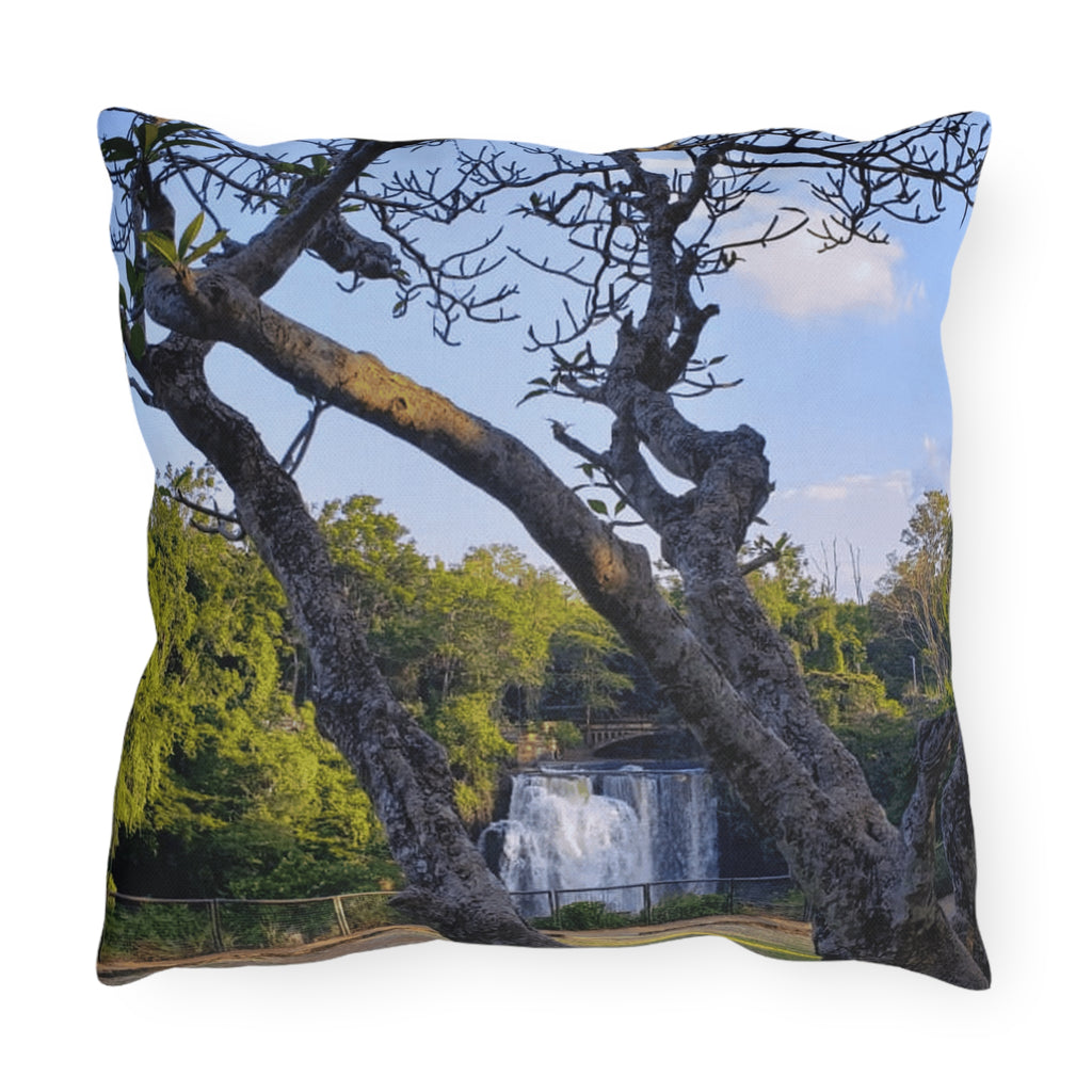 Waterfall Garden Outdoor Pillow — Scenic Nature Photo Throw Pillow for Patio & Deck