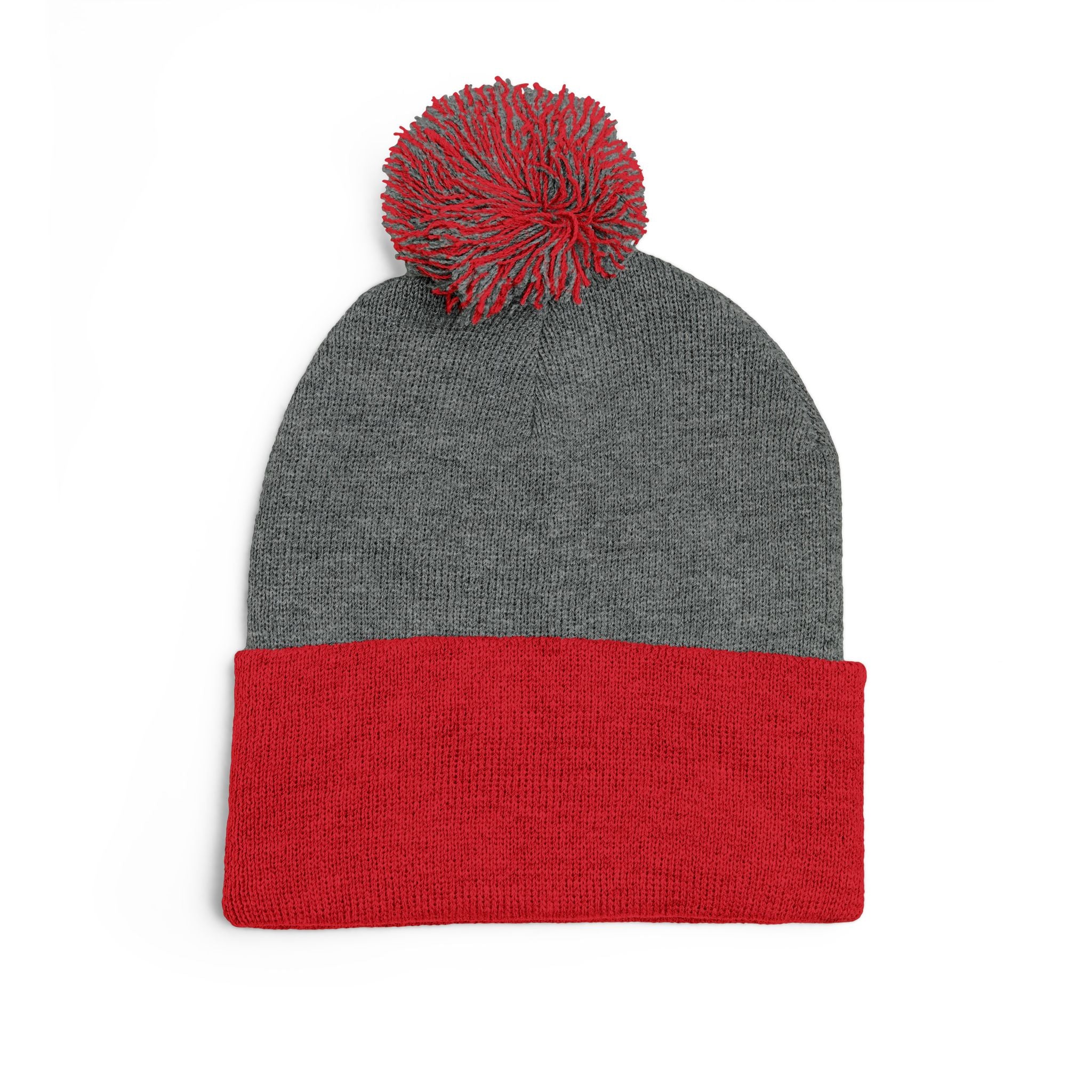 Embroidered Pom-Pom Beanie — Cozy Grey Knit Hat with Small Floral Skull Embroidery