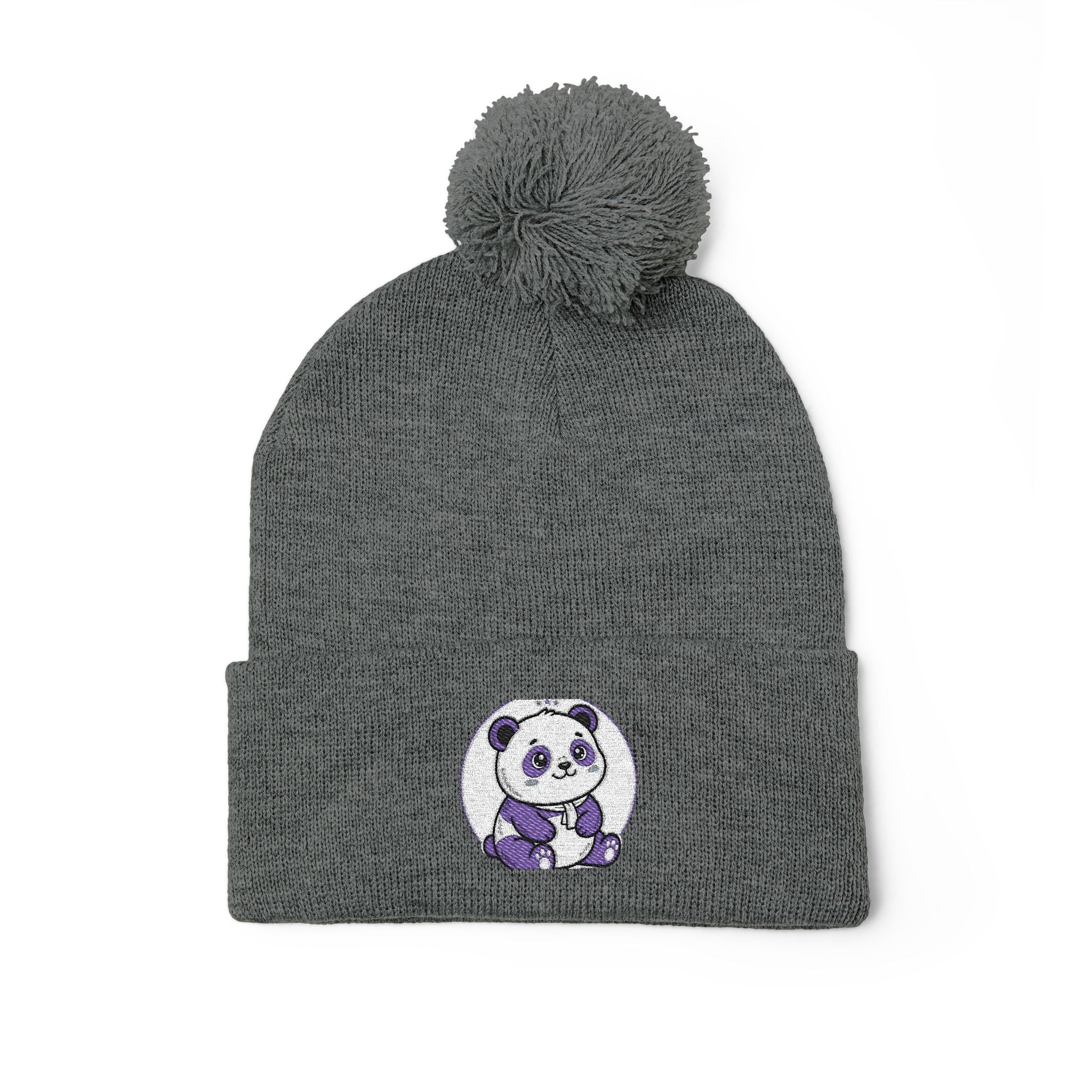 Embroidered Pom-Pom Beanie — Cozy Grey Knit Hat with Small Floral Skull Embroidery