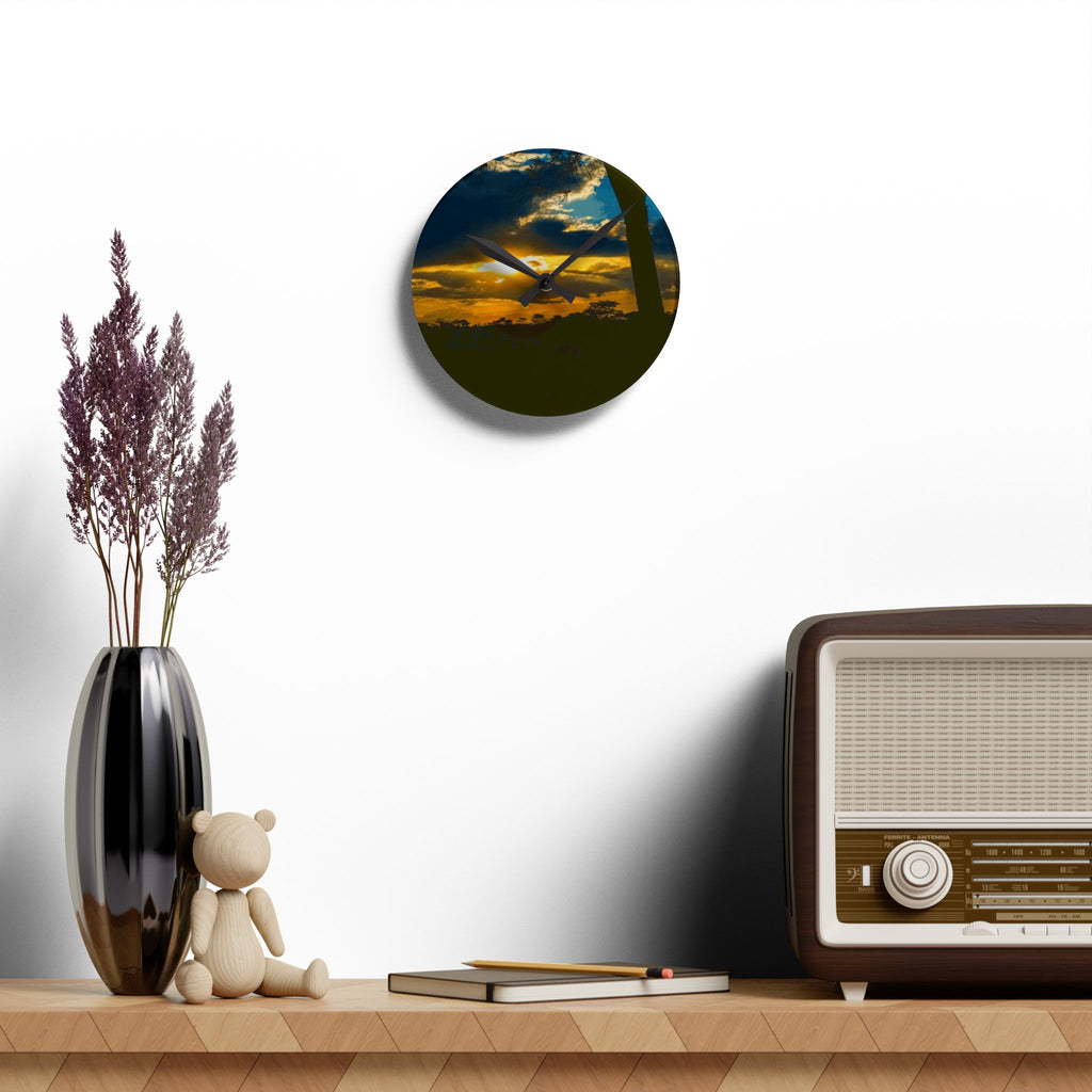Sunset Silhouette Acrylic Wall Clock — Tropical Palm Sunset Decorative Clock