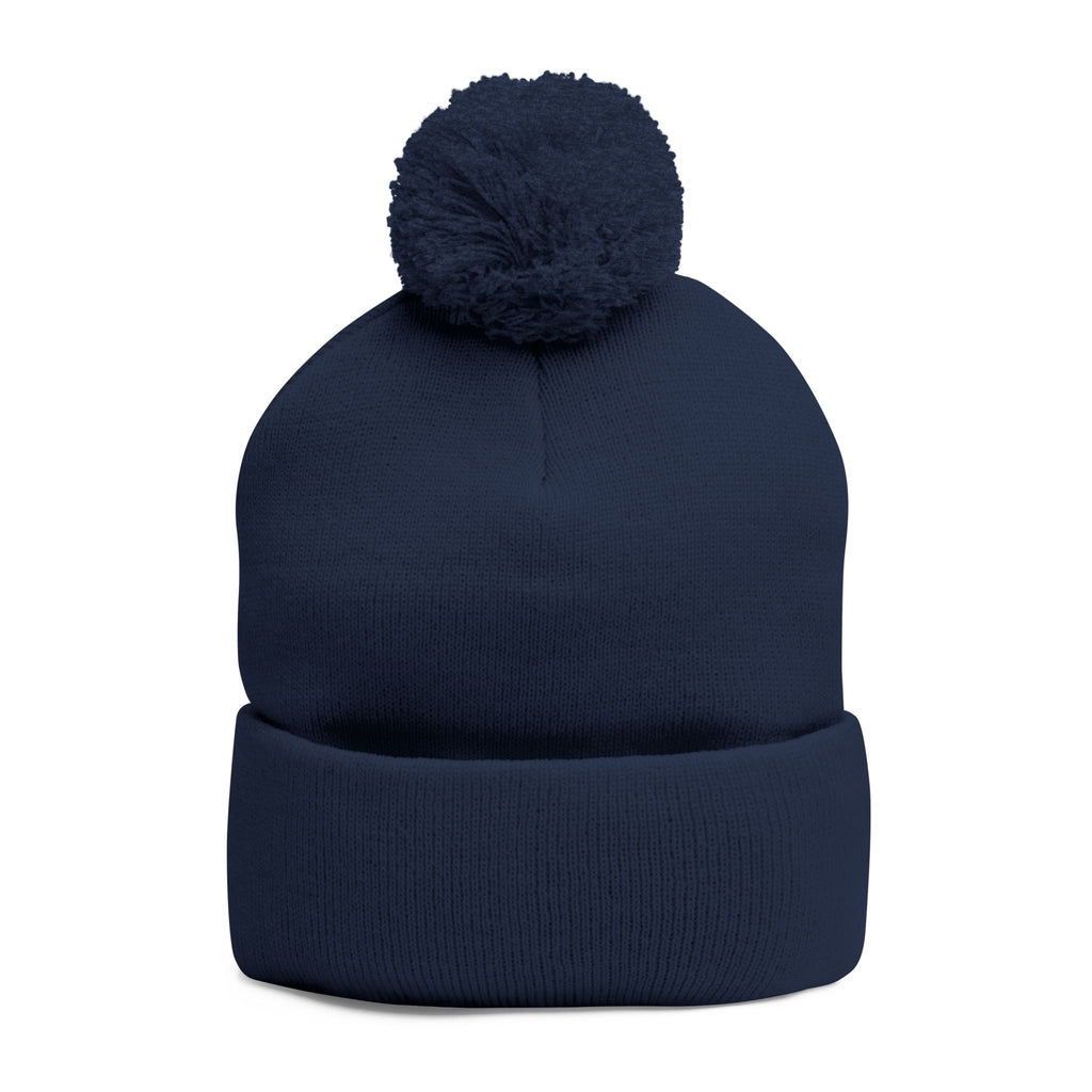Embroidered Pom-Pom Beanie — Cozy Grey Knit Hat with Small Floral Skull Embroidery