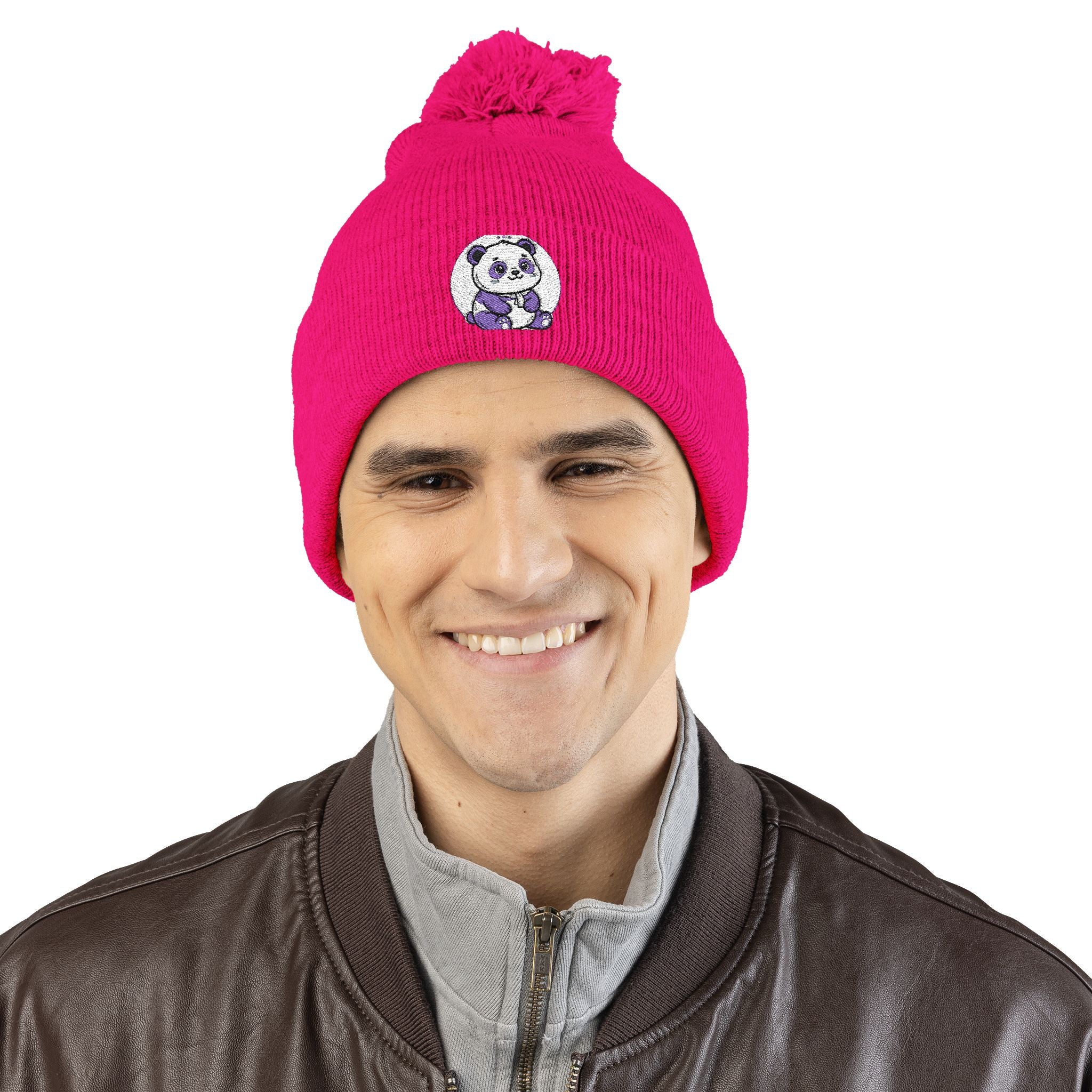 Embroidered Pom-Pom Beanie — Cozy Grey Knit Hat with Small Floral Skull Embroidery