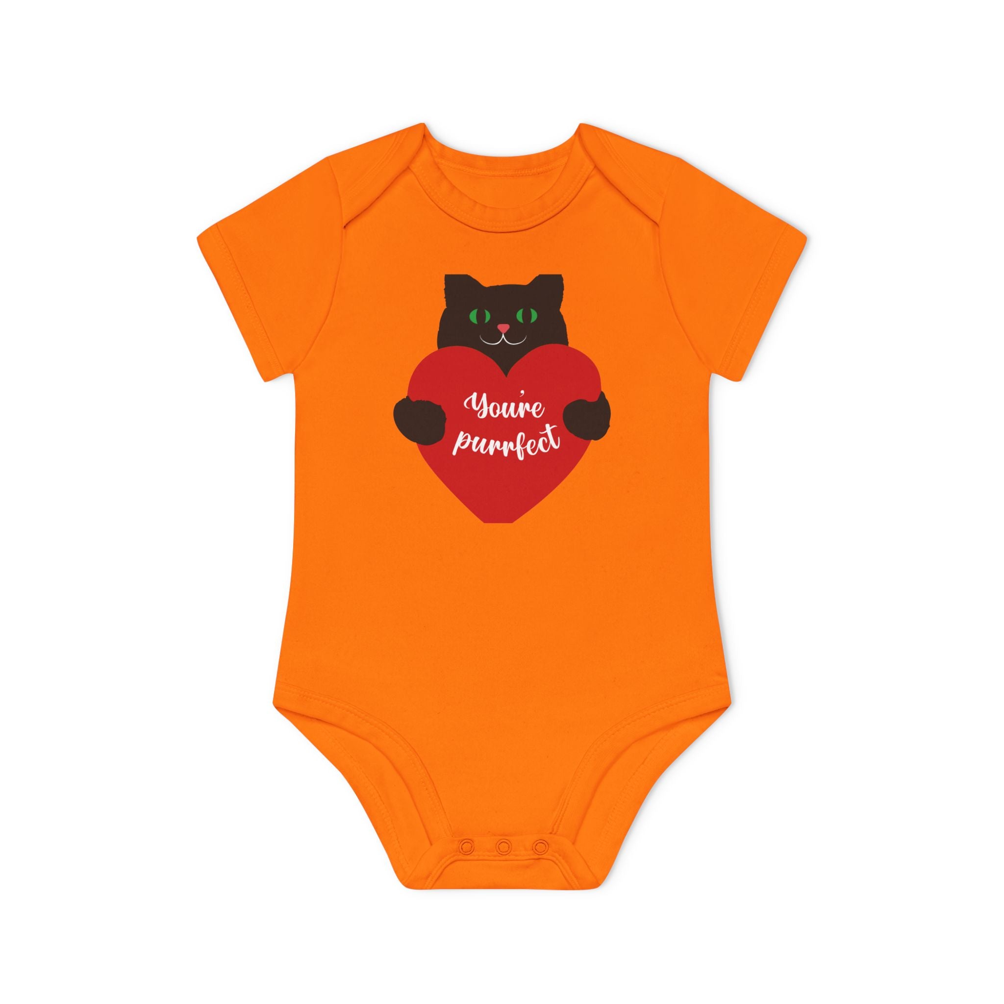 Baby Bodysuit — Black Cat Holding Heart "You're Purrfect" (Organic Short Sleeve)