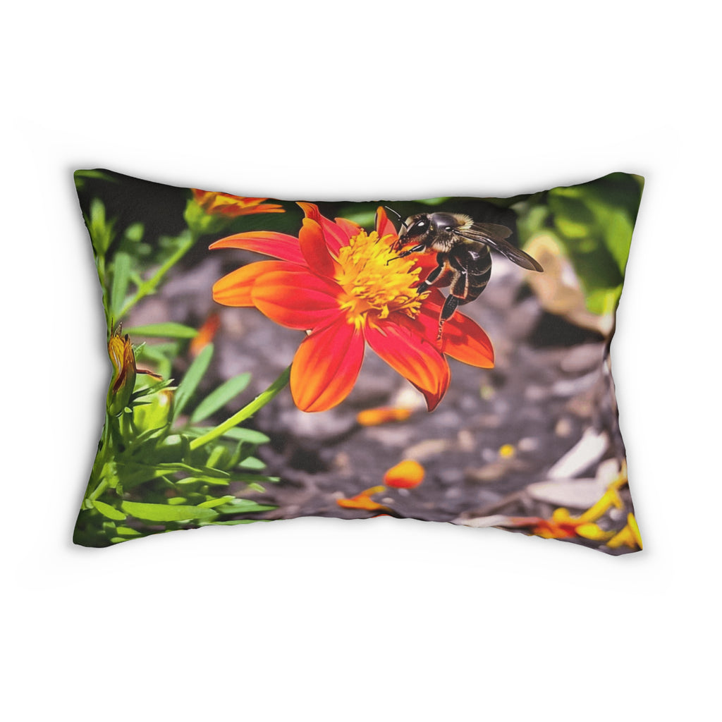 Lumbar Pillow — Orange Daisy Floral with Bee Print
