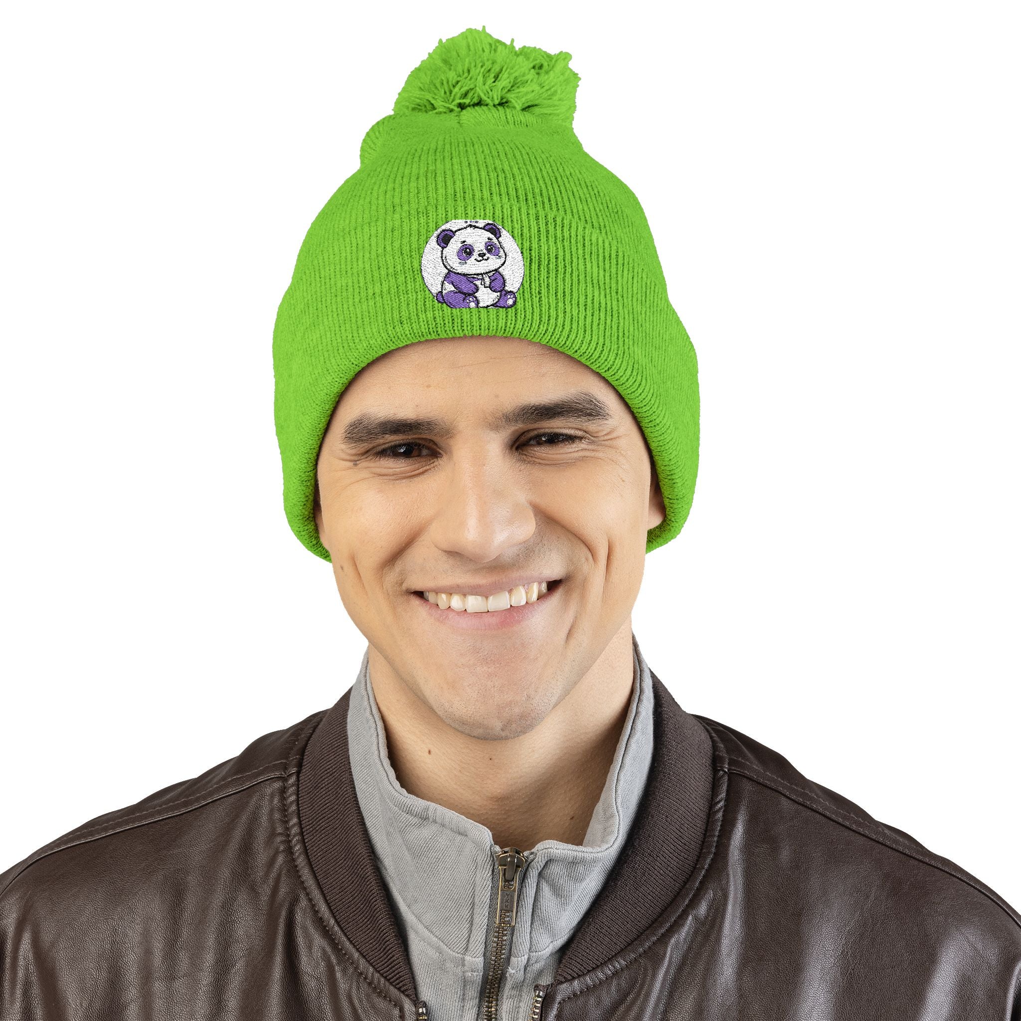 Embroidered Pom-Pom Beanie — Cozy Grey Knit Hat with Small Floral Skull Embroidery