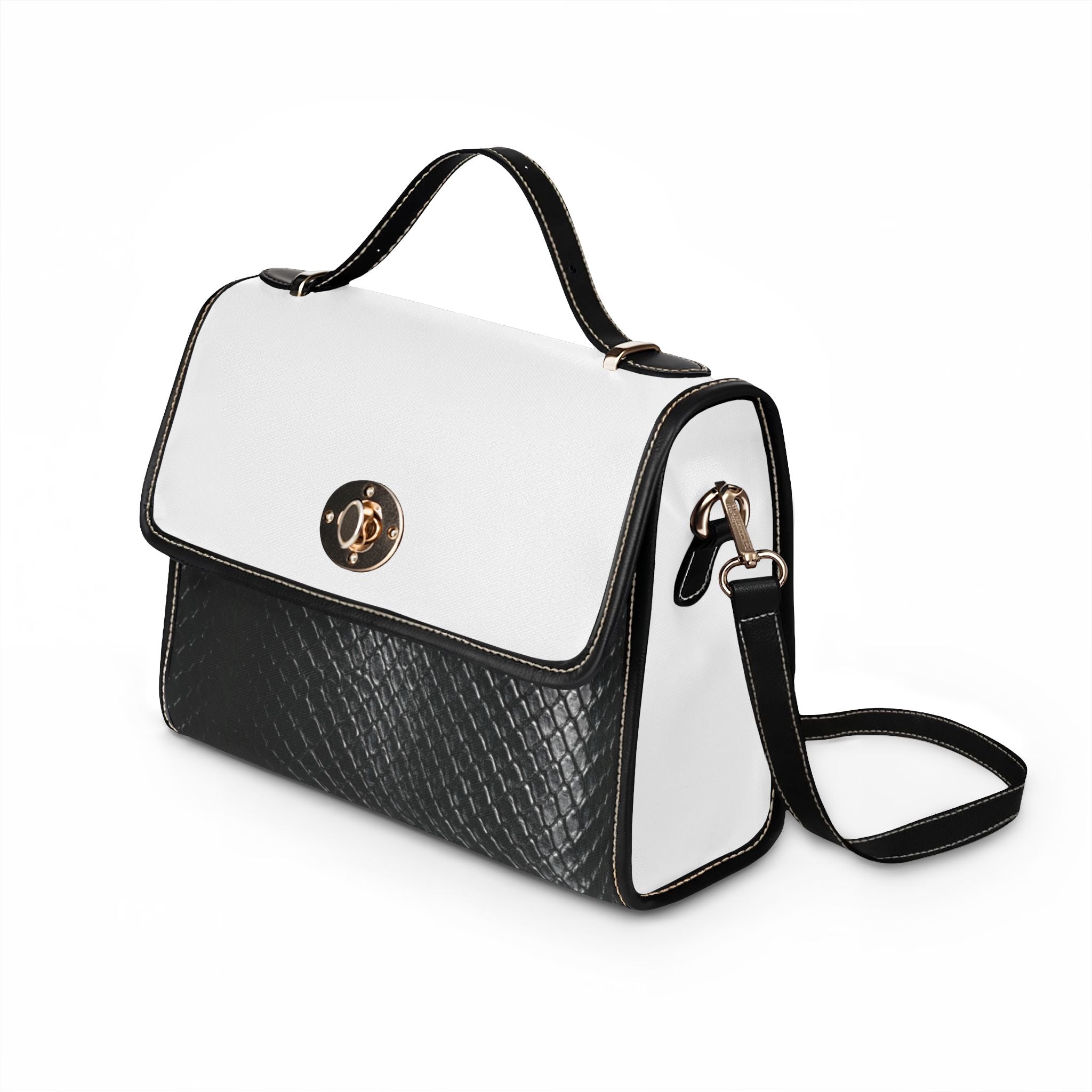 Leather-Trim Canvas Satchel Bag – Waterproof Black & White Crossbody
