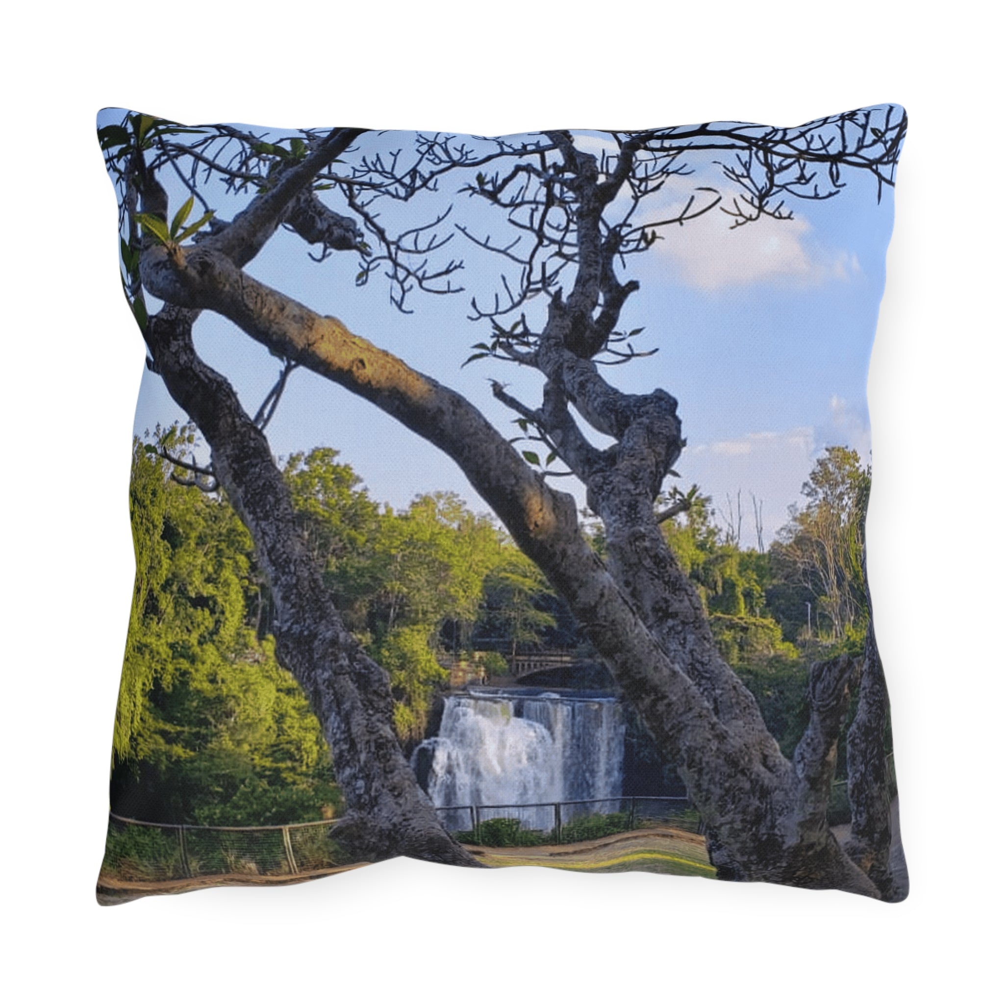 Waterfall Garden Outdoor Pillow — Scenic Nature Photo Throw Pillow for Patio & Deck