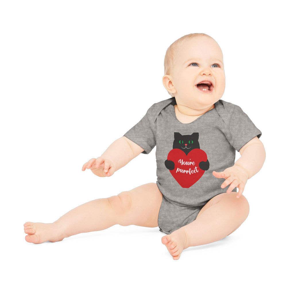 Baby Bodysuit — Black Cat Holding Heart "You're Purrfect" (Organic Short Sleeve)