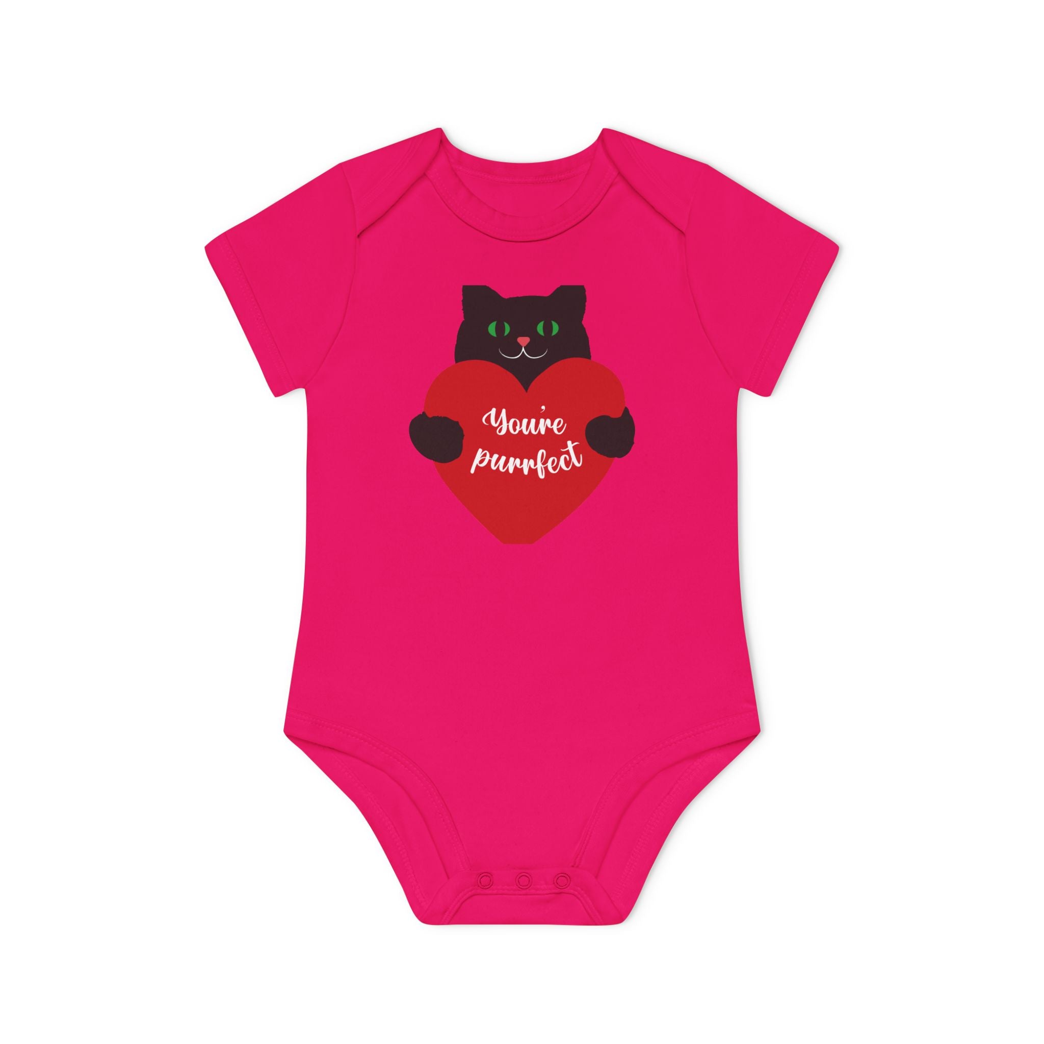 Baby Bodysuit — Black Cat Holding Heart "You're Purrfect" (Organic Short Sleeve)